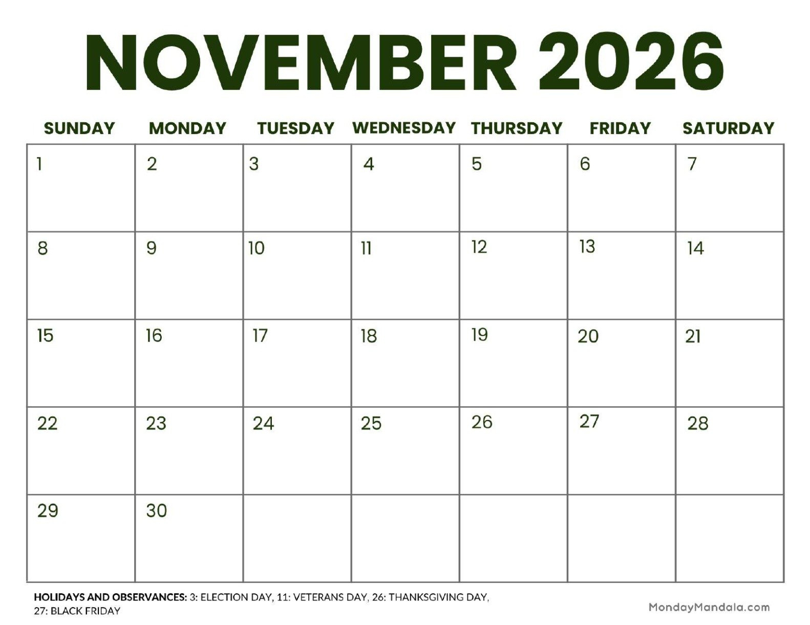November 2026 Calendars (52 Free Printable Pdfs) with regard to November 2026 Calendar Printable Free