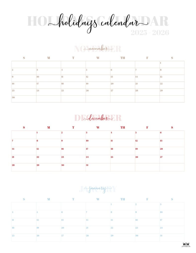 November December 2025 Calendars - 28 Printables | Printabulls intended for November December 2025 - January 2026 Printable Calendar