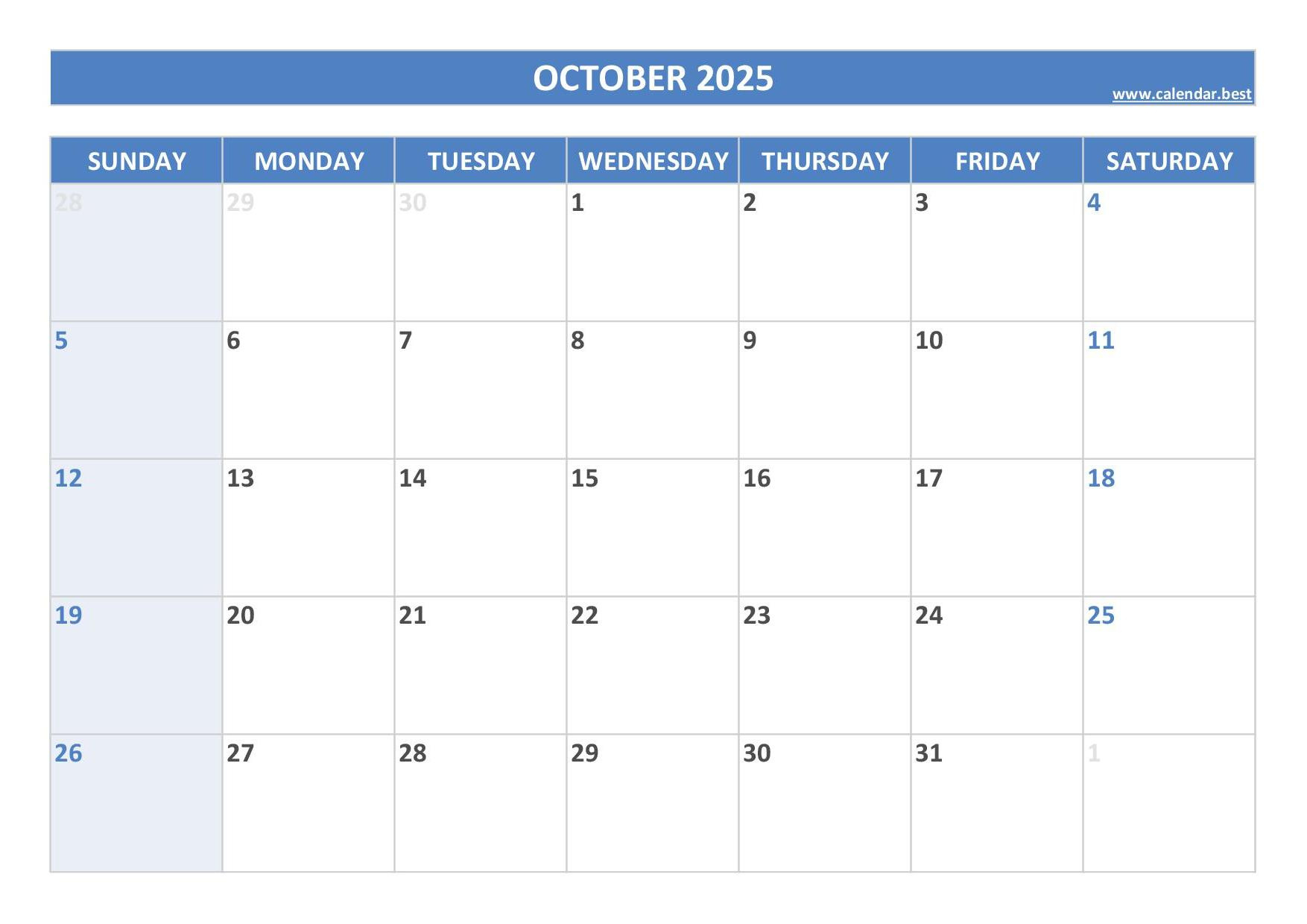October 2025 Calendar -Calendar.best for October Blank Calendar 2025