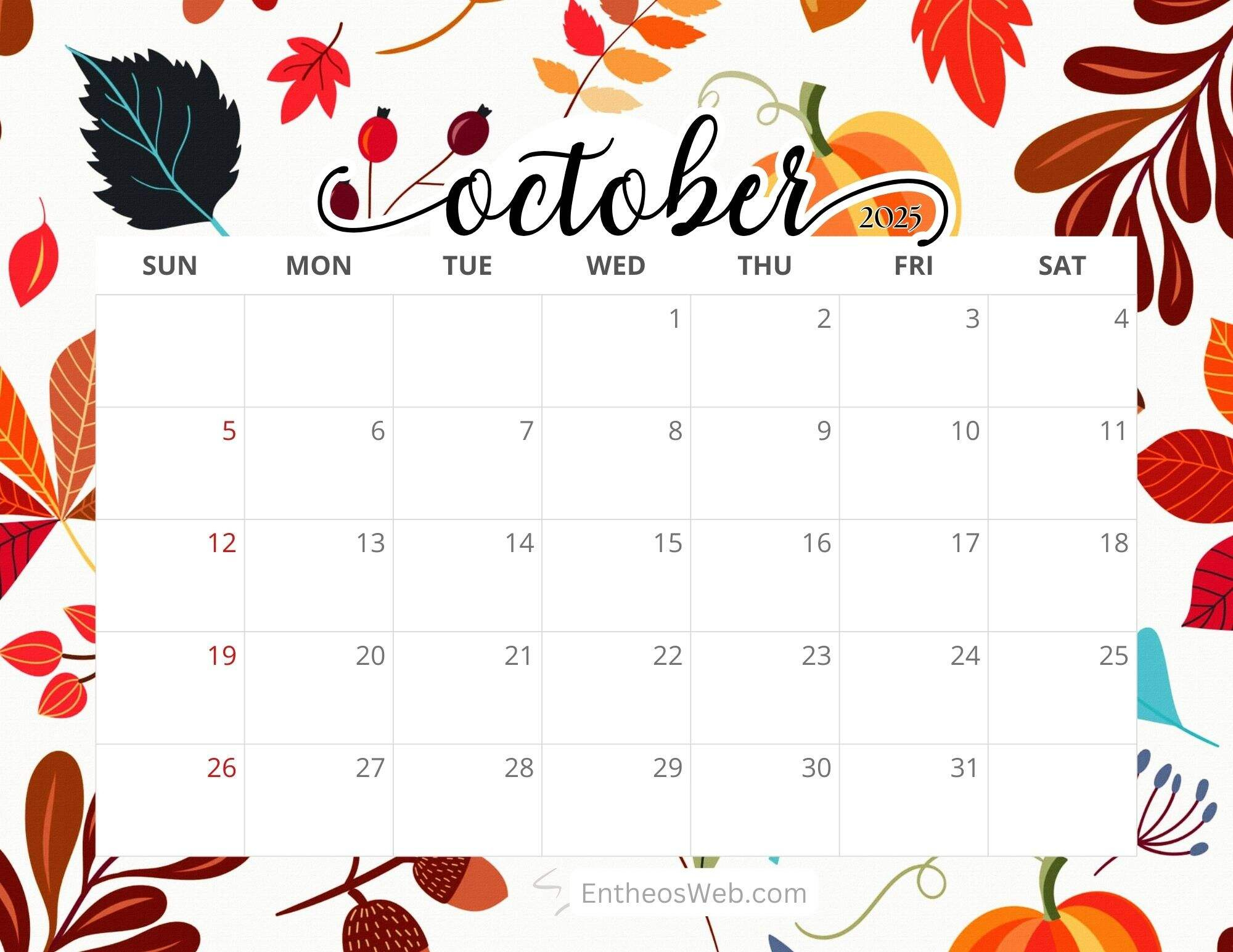 October 2025 Calendar Free Printables | Entheosweb intended for Free October Calendar 2025