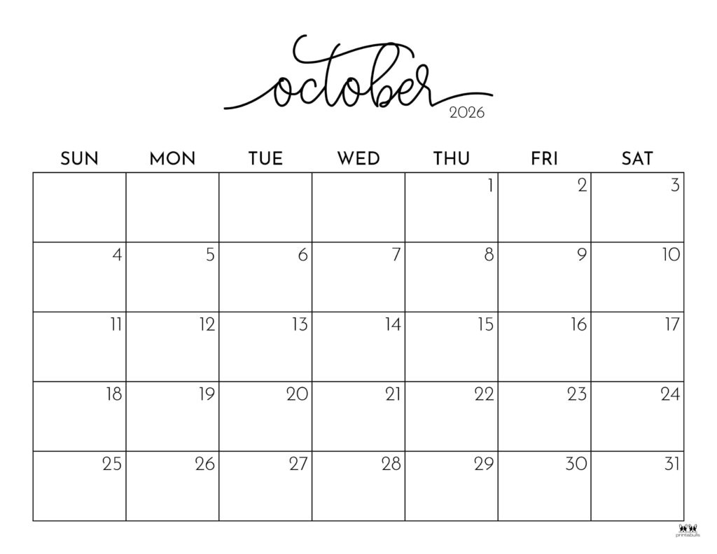 October 2026 Calendars - 123 Free Printables | Printabulls throughout October 2026 Calendar Printable Free