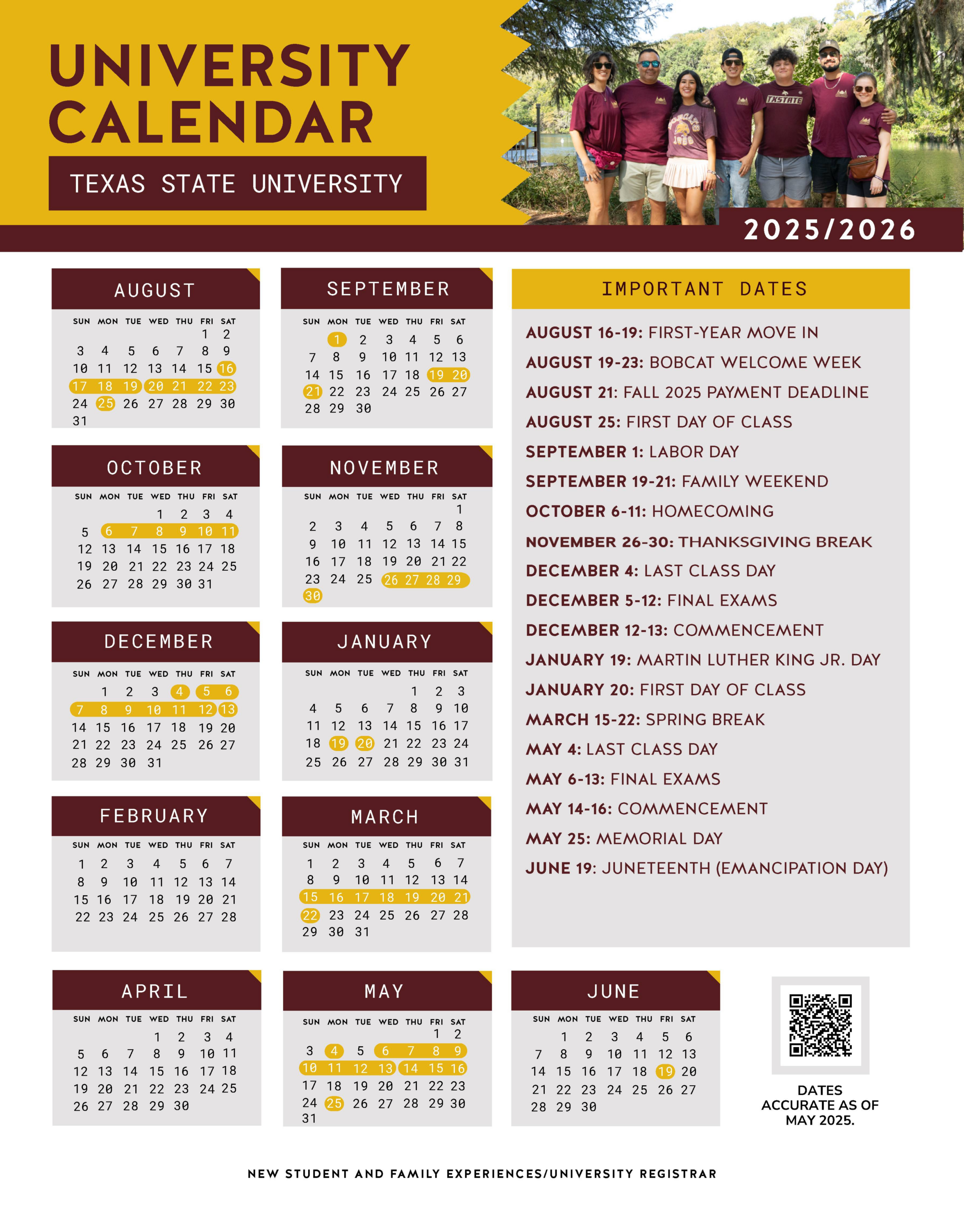 Parent And Family Calendar : Family Experiences : Texas State inside Texas State University 2026 Calendar Printable