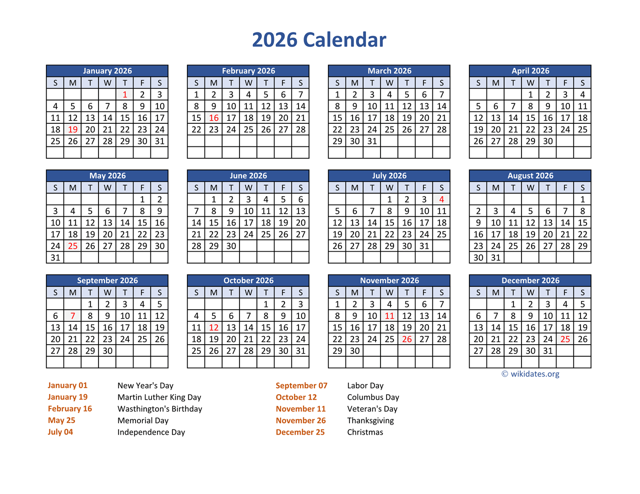 Pdf Calendar 2026 With Federal Holidays | Wikidates for 2026 Calendar Printable Wiki