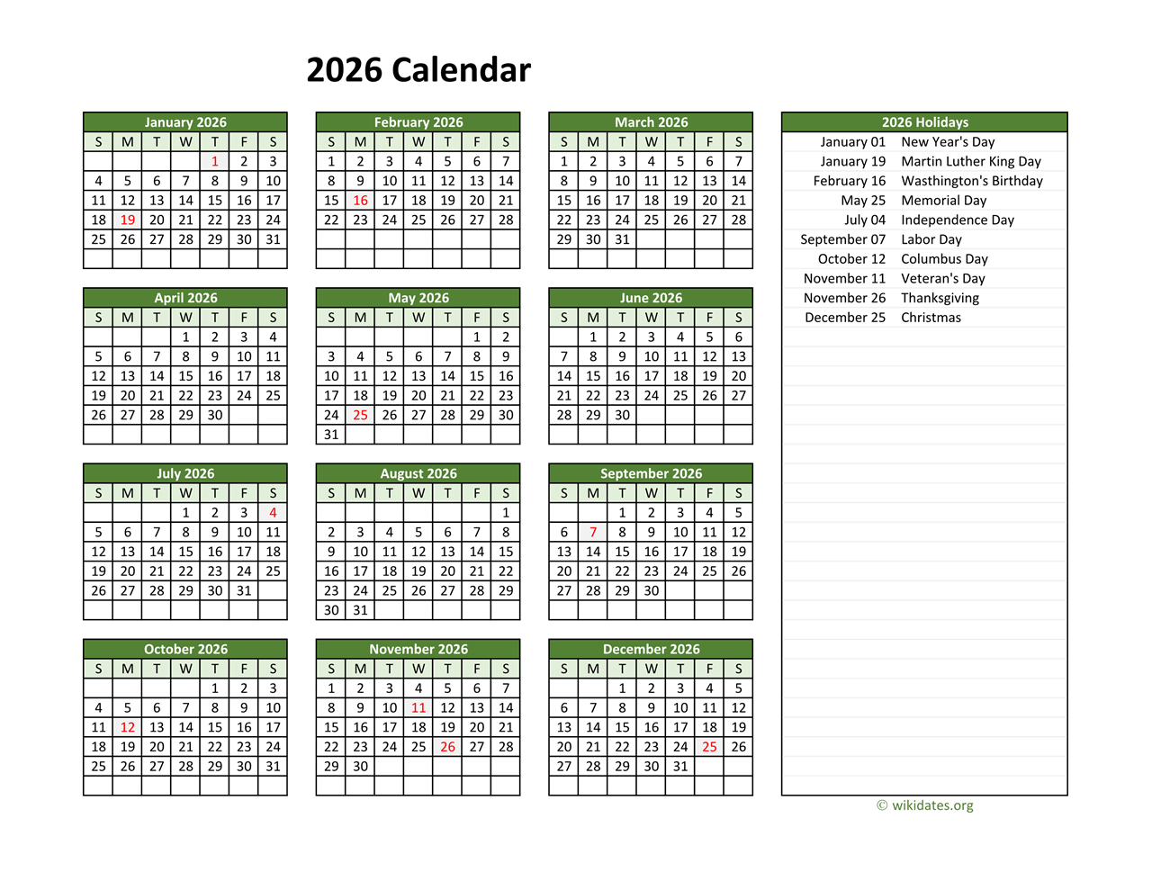 Printable 2026 Calendar With Federal Holidays | Wikidates intended for 2026 Calendar Printable With Federal Holidays