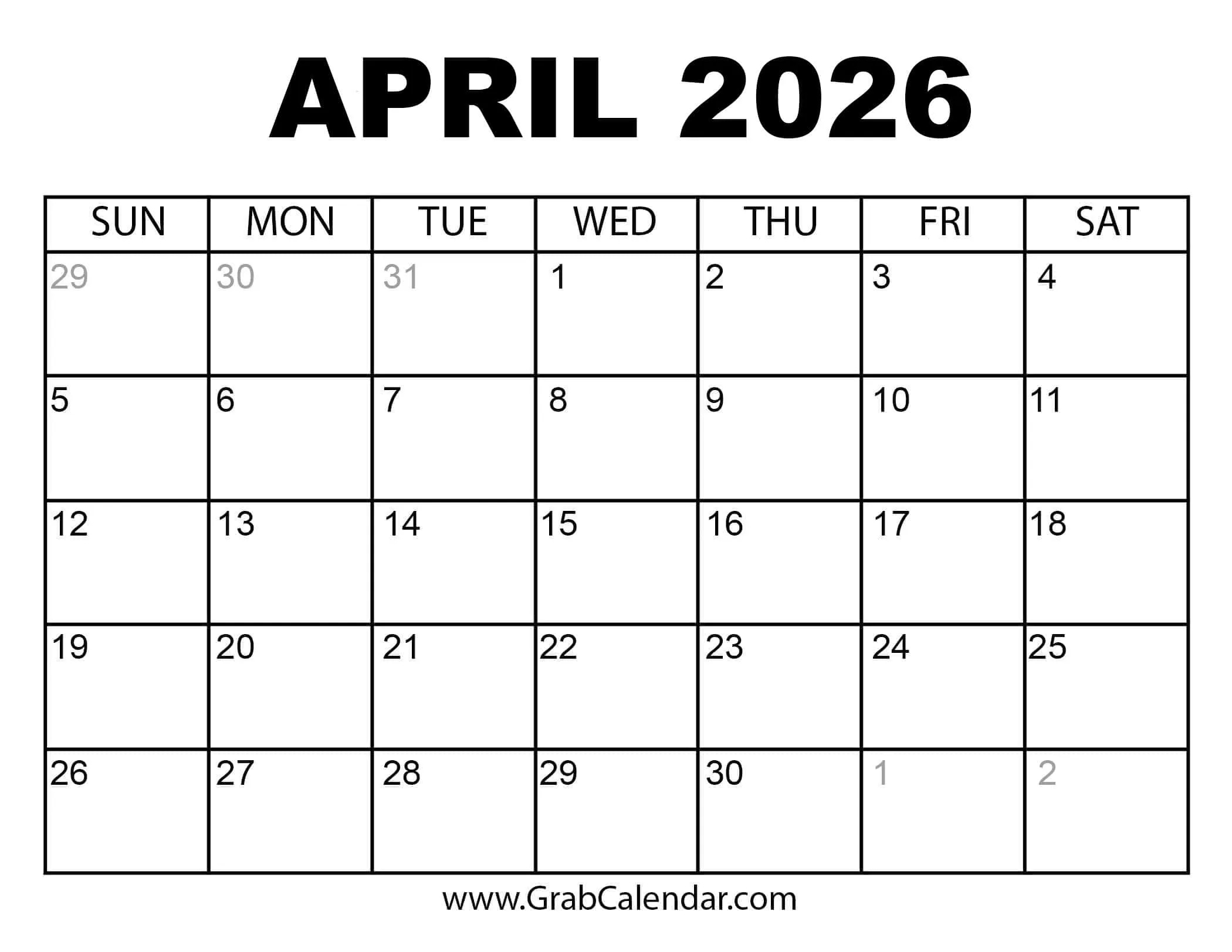Printable April 2026 Calendar in April 2026 Calendar Printable Free