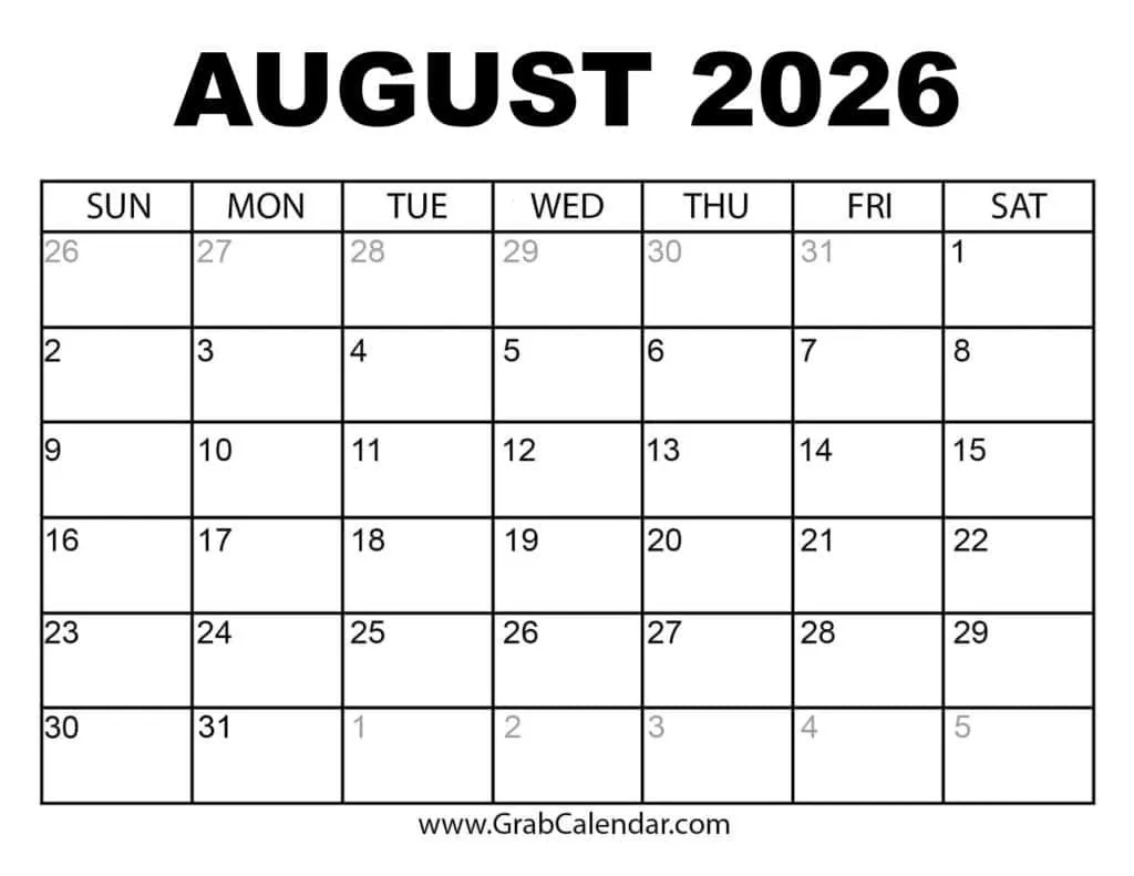 Printable August 2026 Calendar regarding August 2026 Calendar Printable