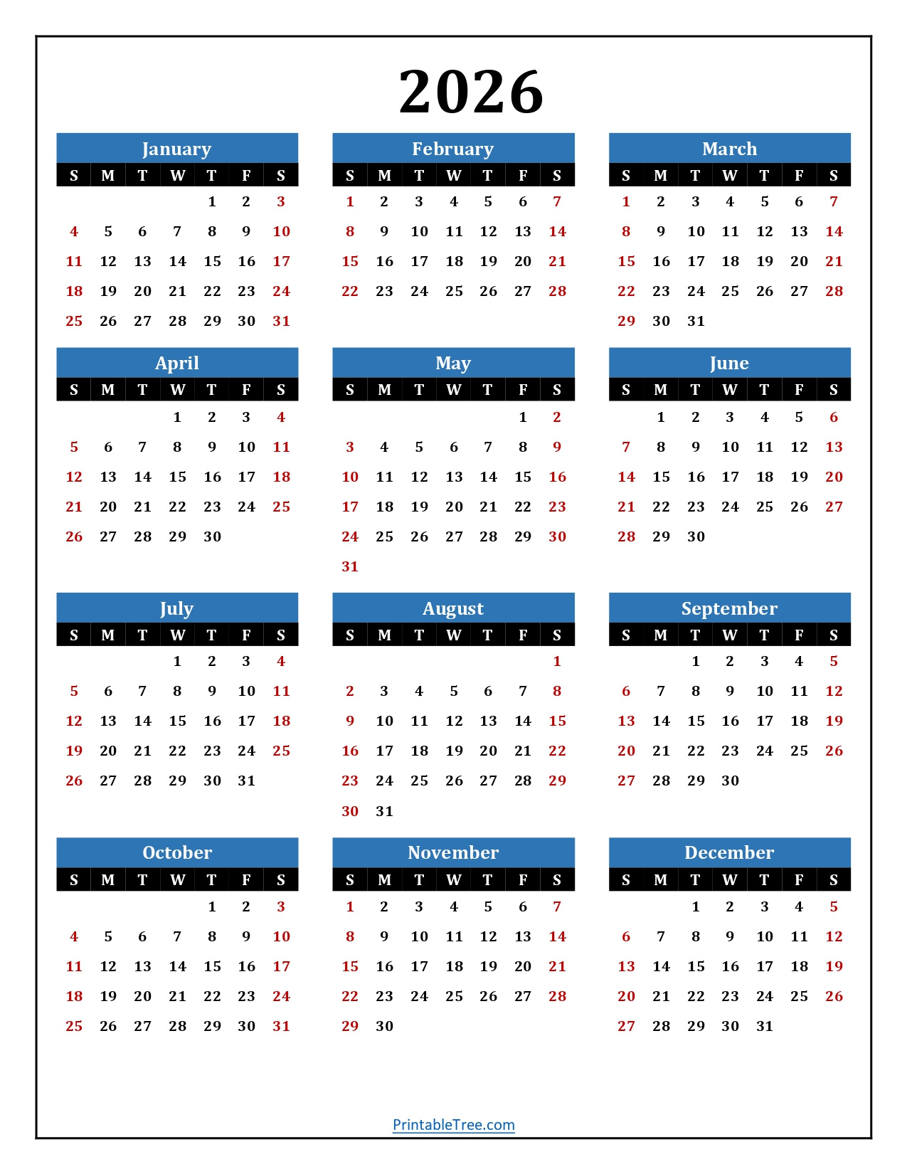 Printable Calendar 2026 One Page With Holidays (Single Page) 2026 for 12 Month Printable Calendar 2026