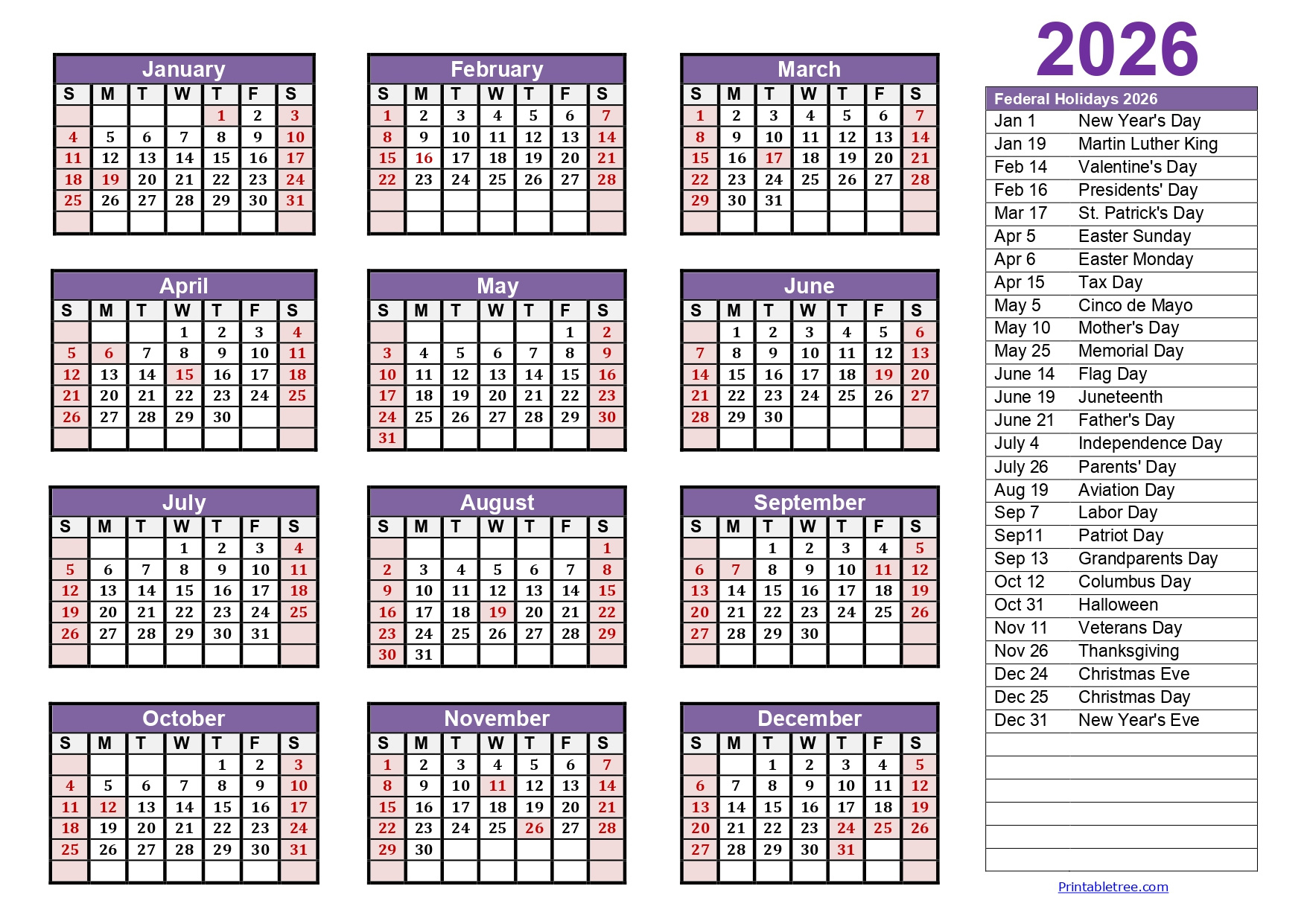 Printable Calendar 2026 One Page With Holidays (Single Page) 2026 inside 2026 Calendar Printable With Holidays