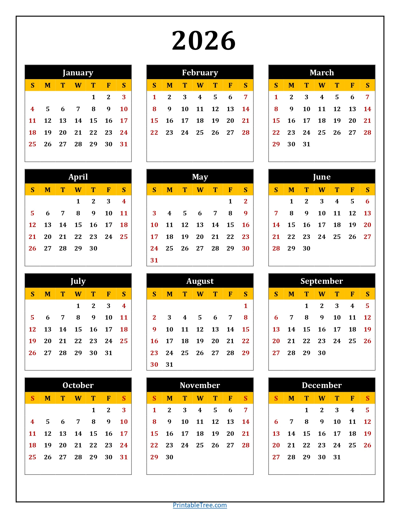 Printable Calendar 2026 One Page With Holidays (Single Page) 2026 with 2026 Yearly Calendar