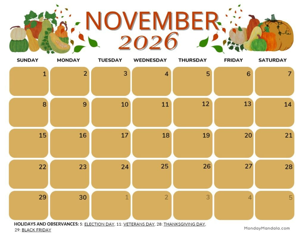 Printable Calendars For 2025 &amp;amp; 2026 (Free Pdfs) in Nov 2026 Calendar Printable Free