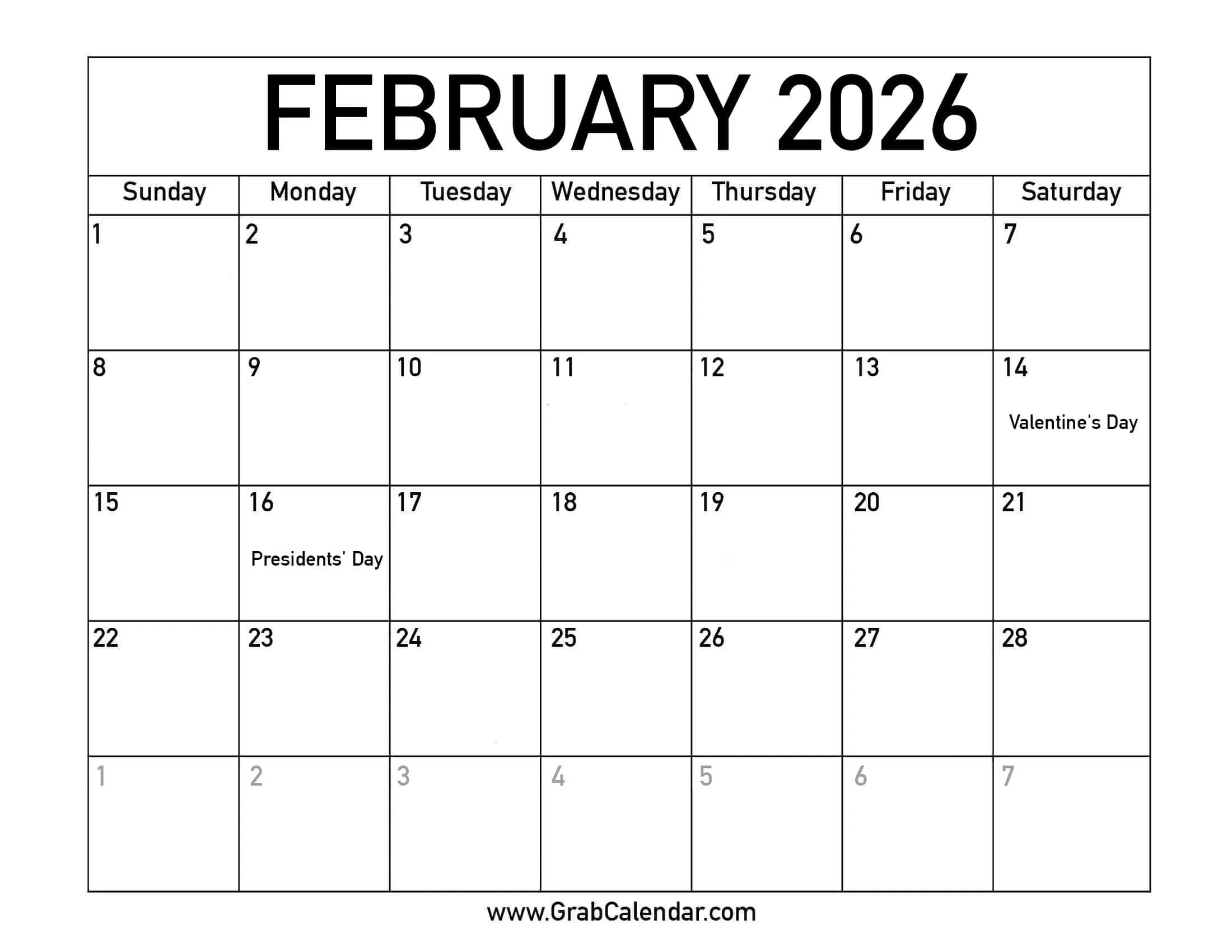 Printable February 2026 Calendar pertaining to February 2026 Calendar Printable with Holidays