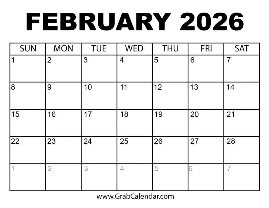 Printable February 2026 Calendar within Presidents Day 2026 Calendar Printable