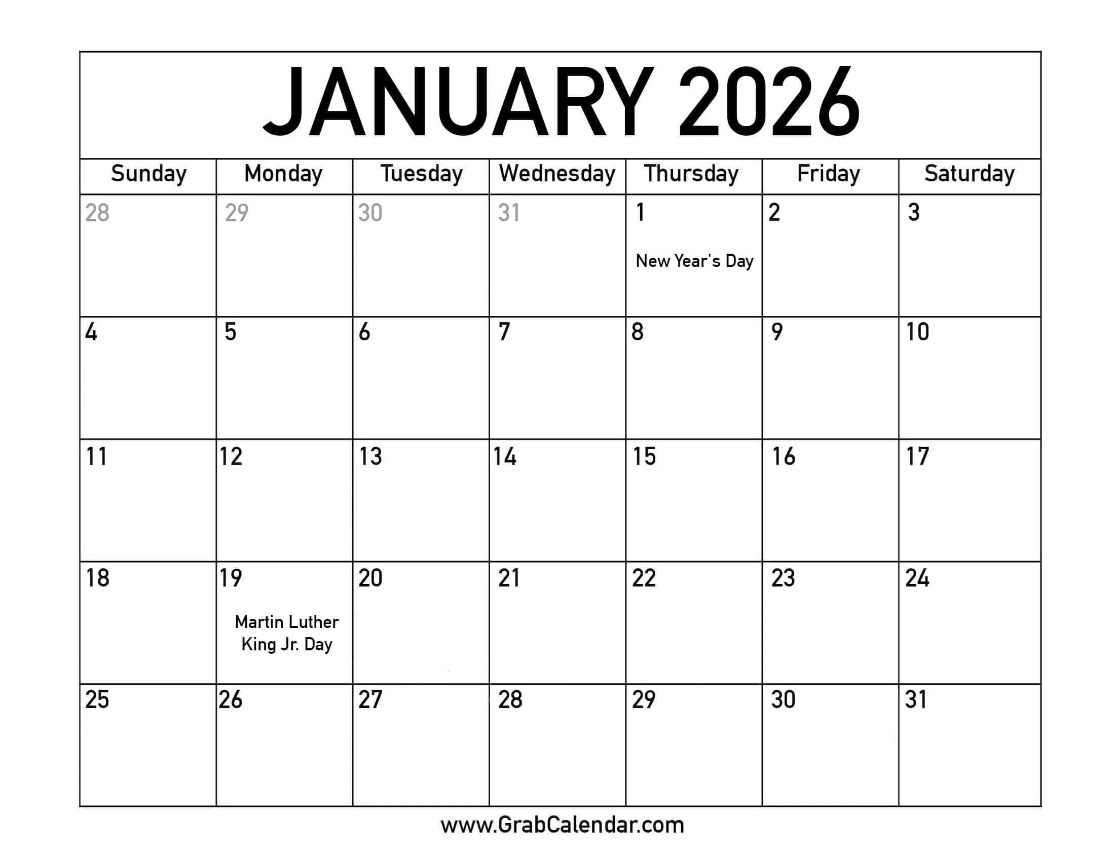 Printable January 2026 Calendar regarding Free Printable January 2026 Calendar With Holidays