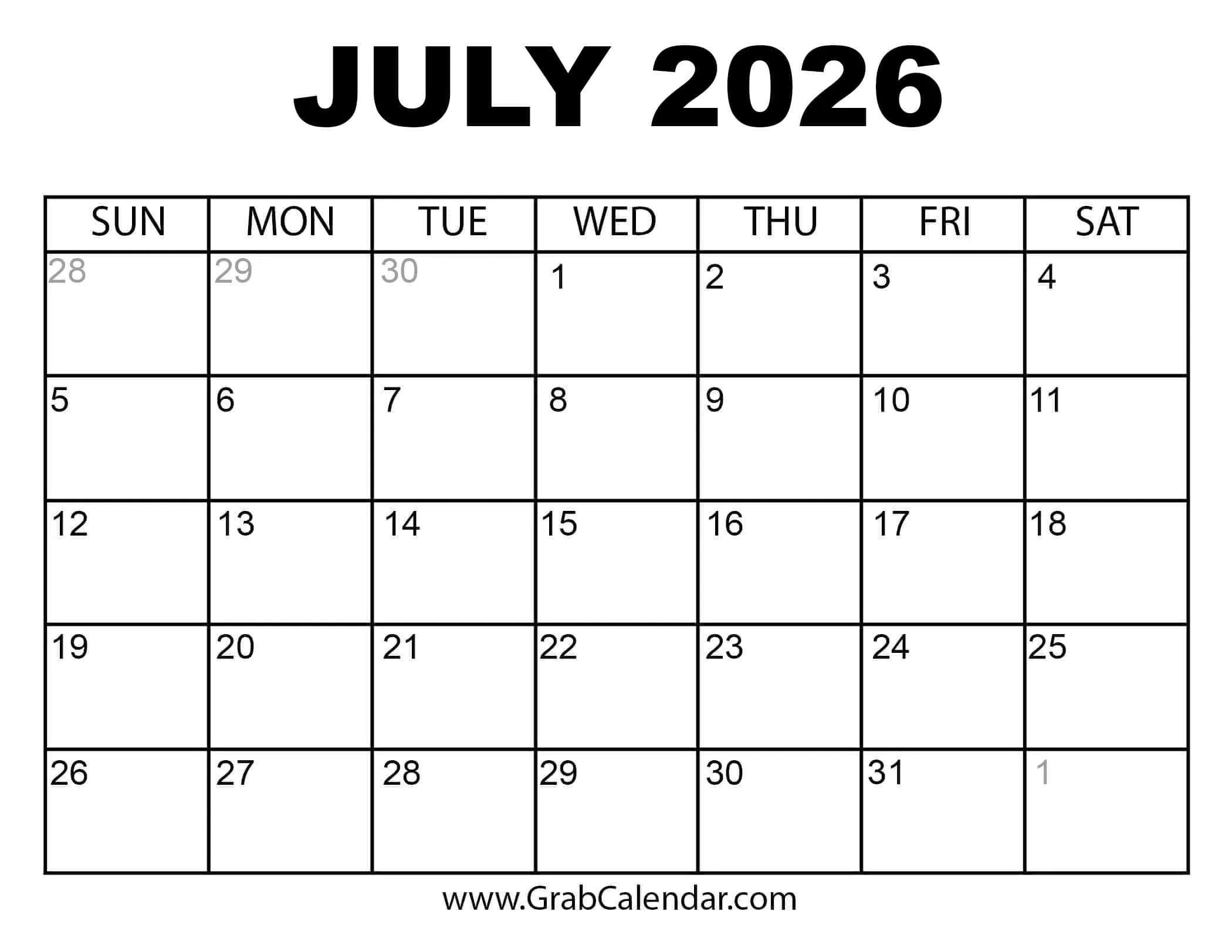 Printable July 2026 Calendar with regard to 2026 Calendar Printable July
