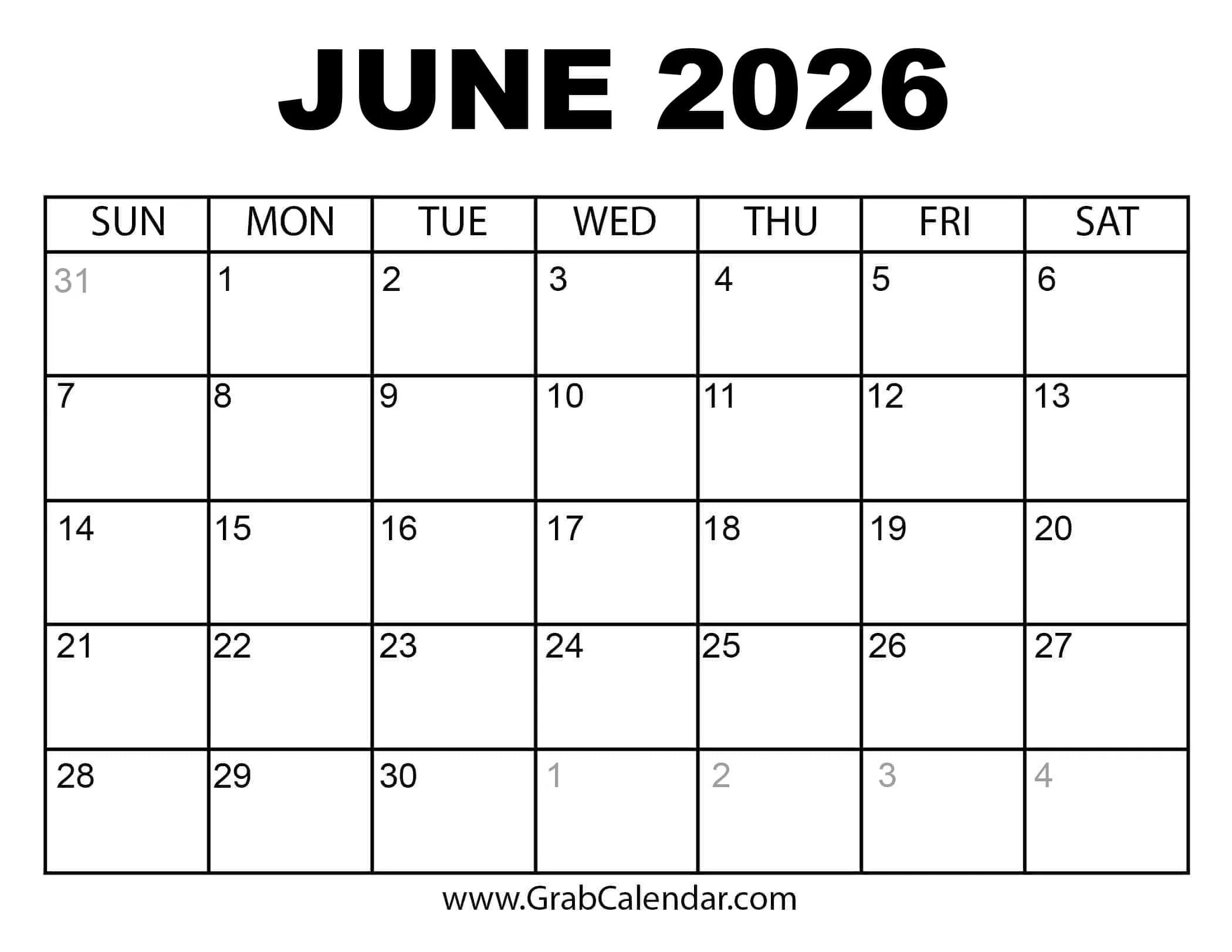 Printable June 2026 Calendar within June 2026 Calendar Printable
