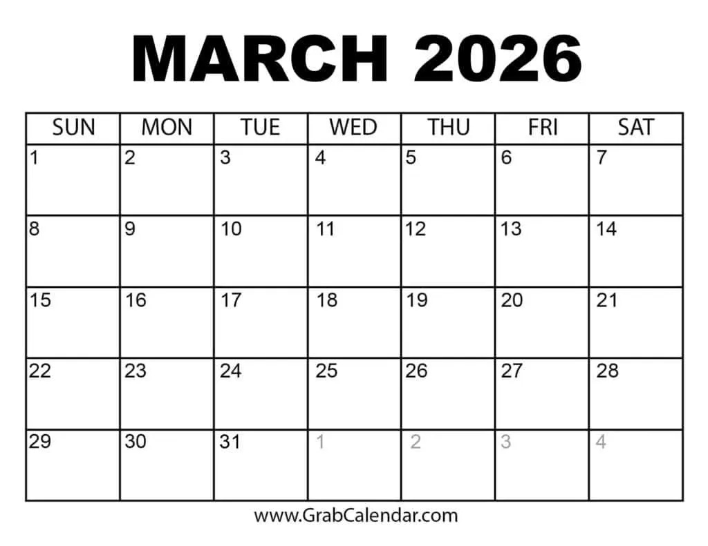 Printable March 2026 Calendar with March Calendar 2026 Printable