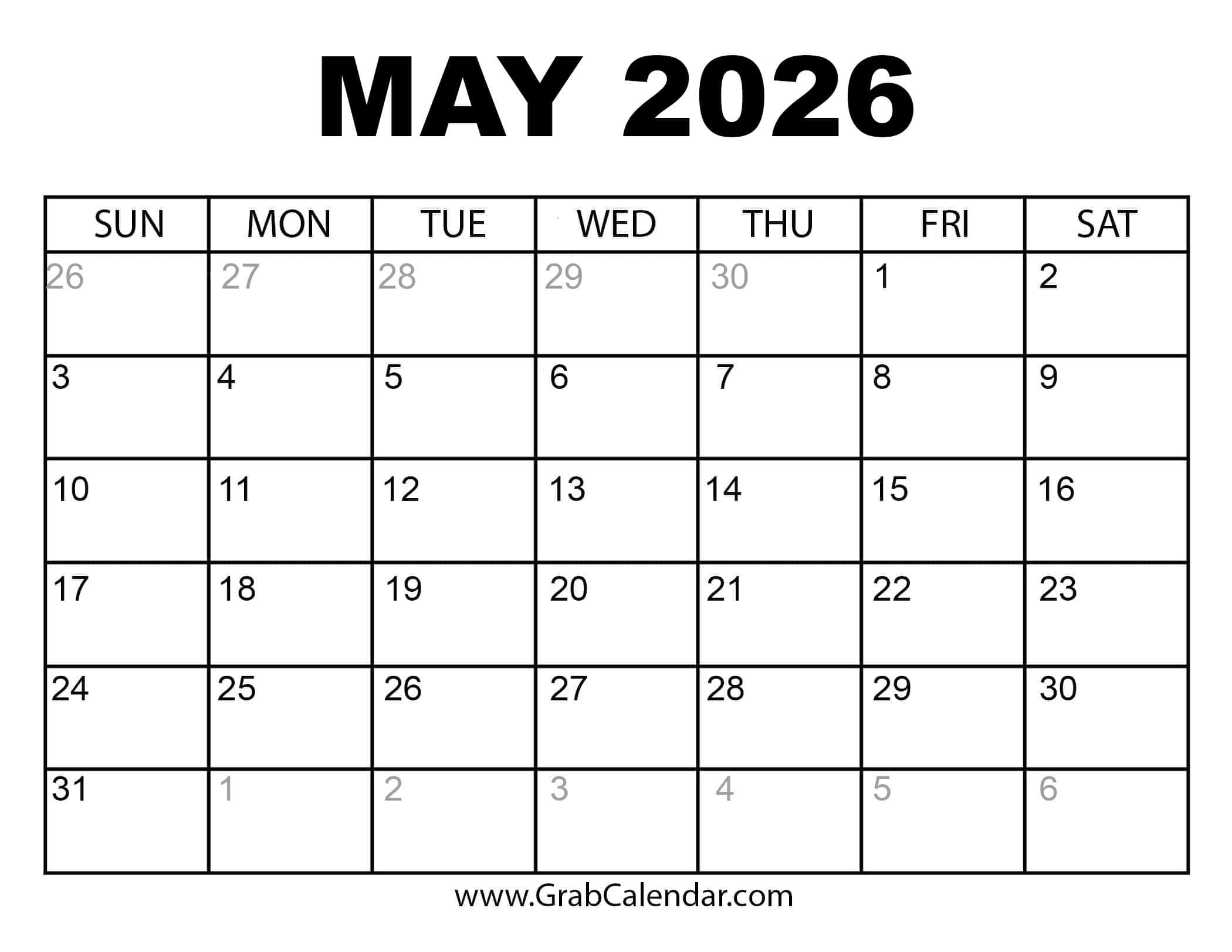 Printable May 2026 Calendar intended for May 2026 Calendar Printable Free