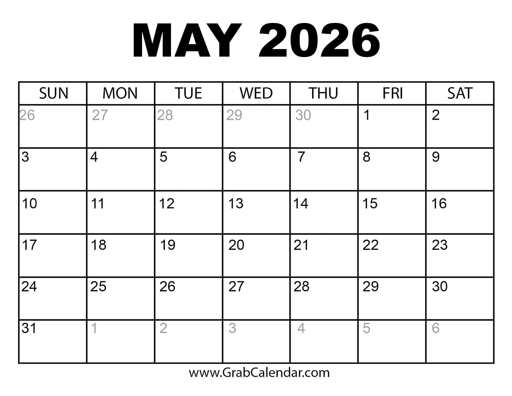 Printable May 2026 Calendar within May Calendar 2026 Printable