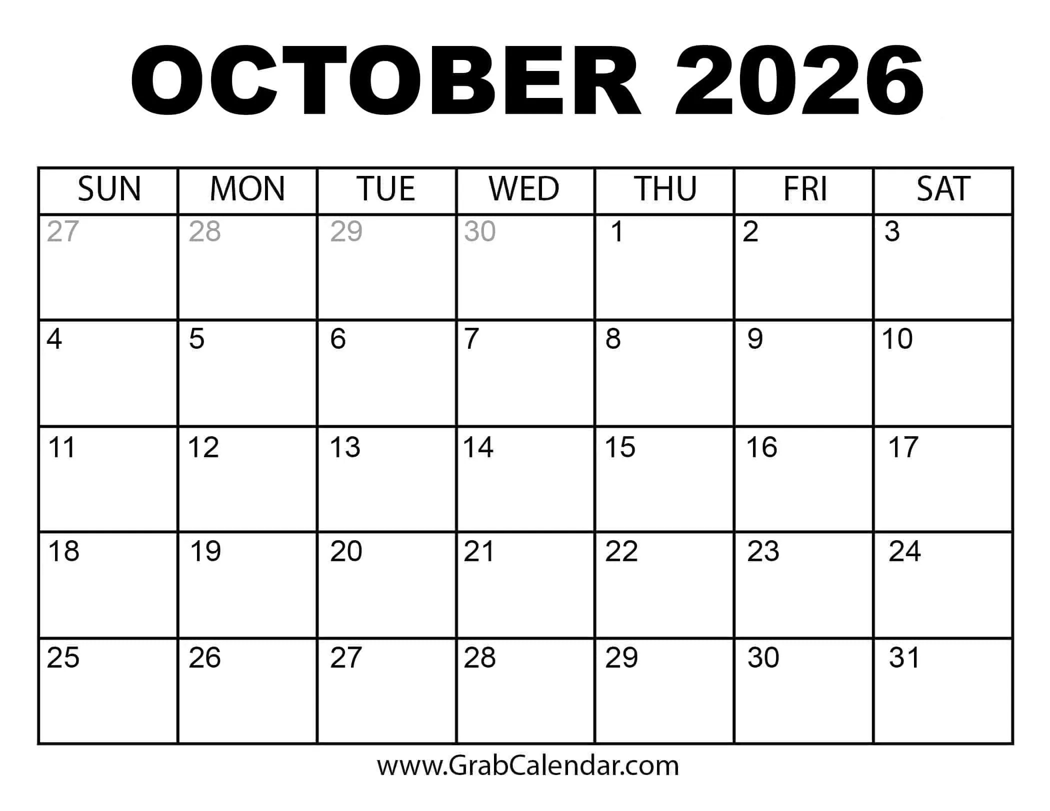 Printable October 2026 Calendar throughout October 2026 Calendar Printable Free