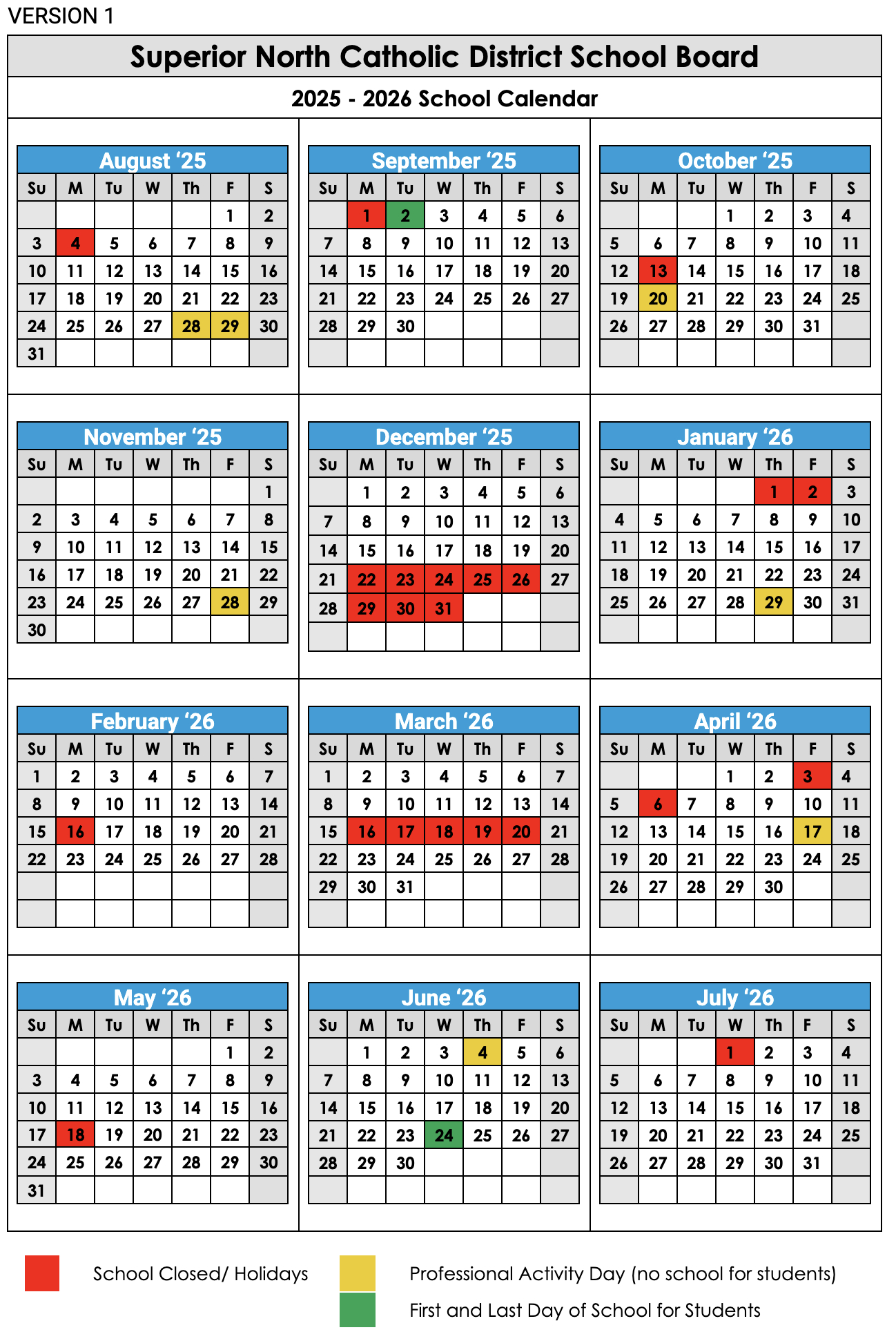 Proposed 2025-2026 School Year Calendar - Superior North Catholic with regard to Catholic School Board Calendar 2026