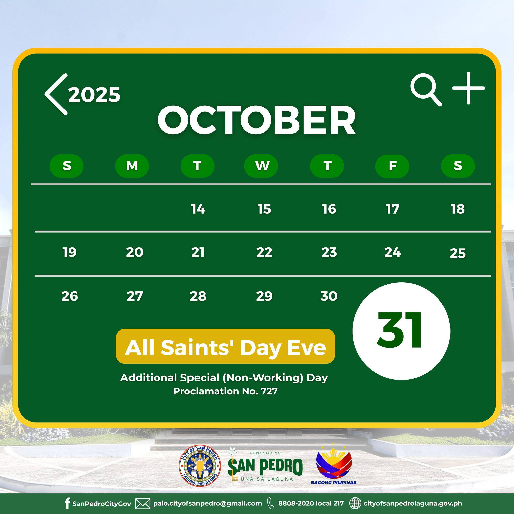 Pursuant To Proclamation No. 727, October 31, 2025 (Friday) Has with regard to October Saints Calendar 2025