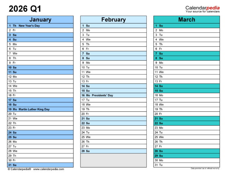 Free Printable Quarterly Calendar 2026