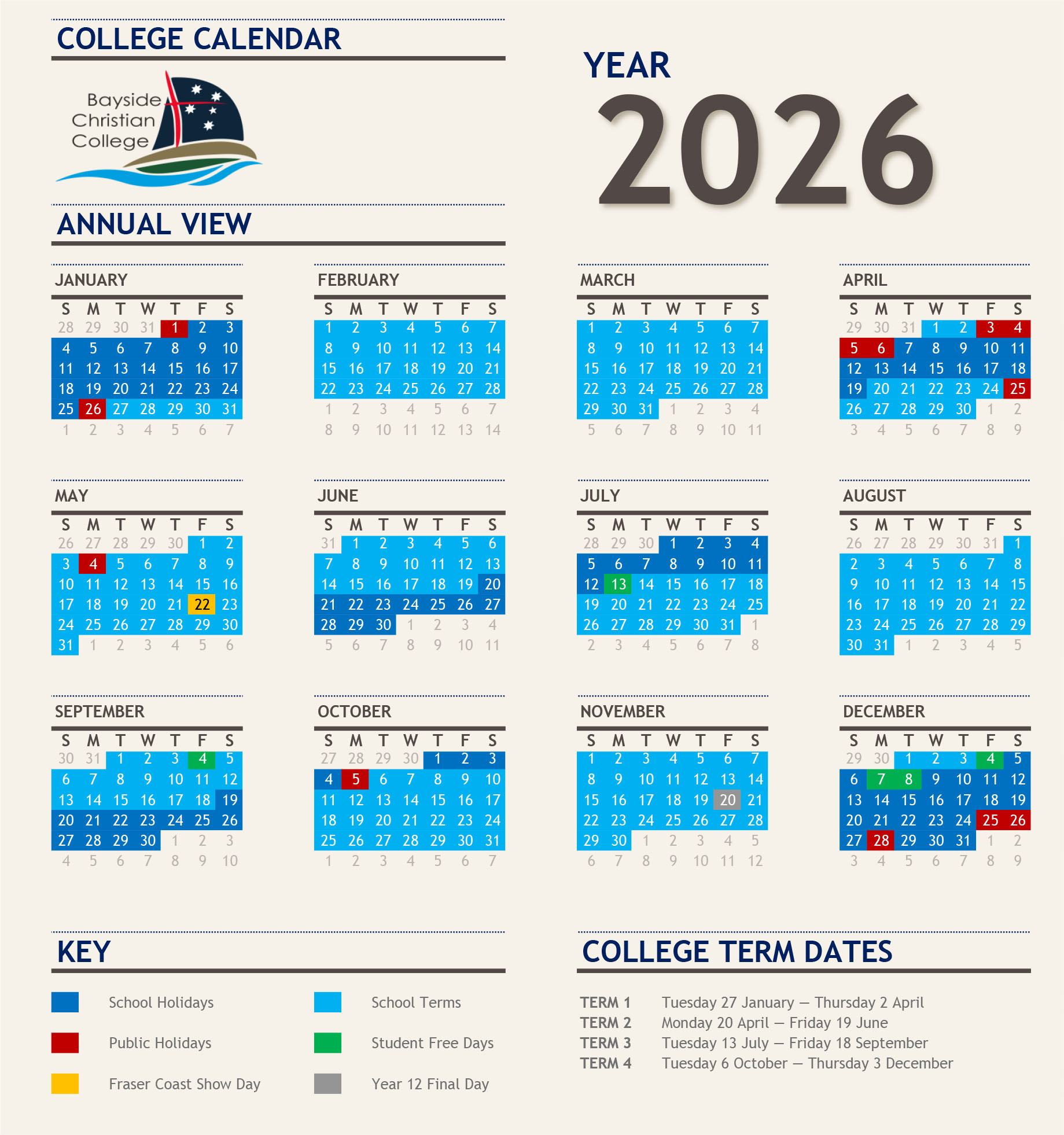 School Calendar | Bayside Christian College Hervey Bay intended for 2026 School Calendar Qld Printable