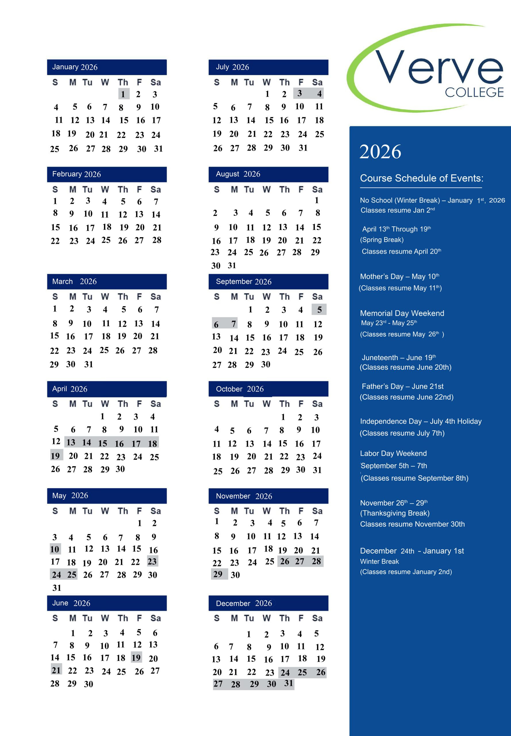 School Calendar | Verve College | Practical Nurse School pertaining to 2026 Calendar Printable General Blue