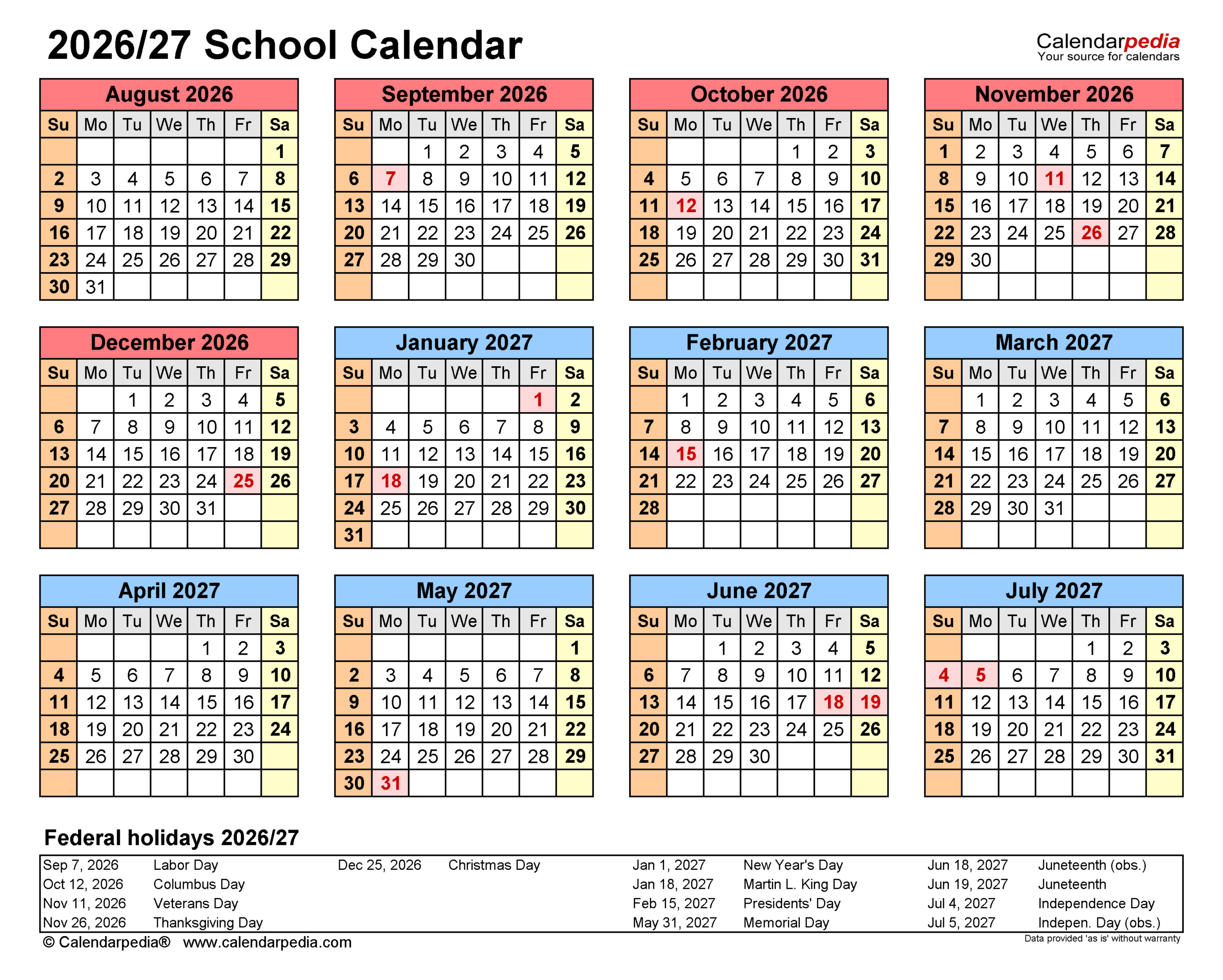 School Calendars 2026/2027 - Free Printable Pdf Templates throughout Hhh School Calendar 2026 - 2027