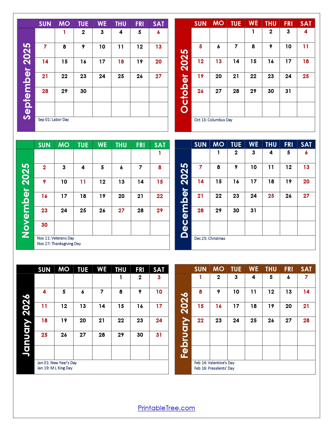 September To February 2026 Calendar Printable Pdf | Six Months with regard to September 2025 August 2026 Calendar Printable
