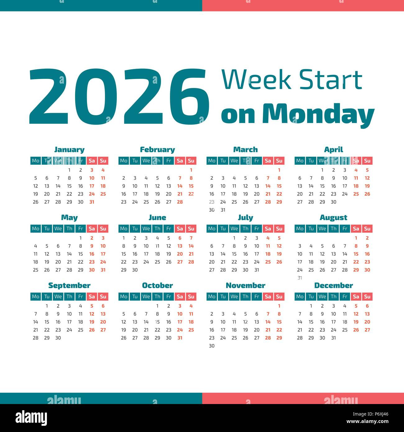 Simple 2026 Year Calendar, Week Starts On Monday Stock Vector for I Need a 2026 Calendar