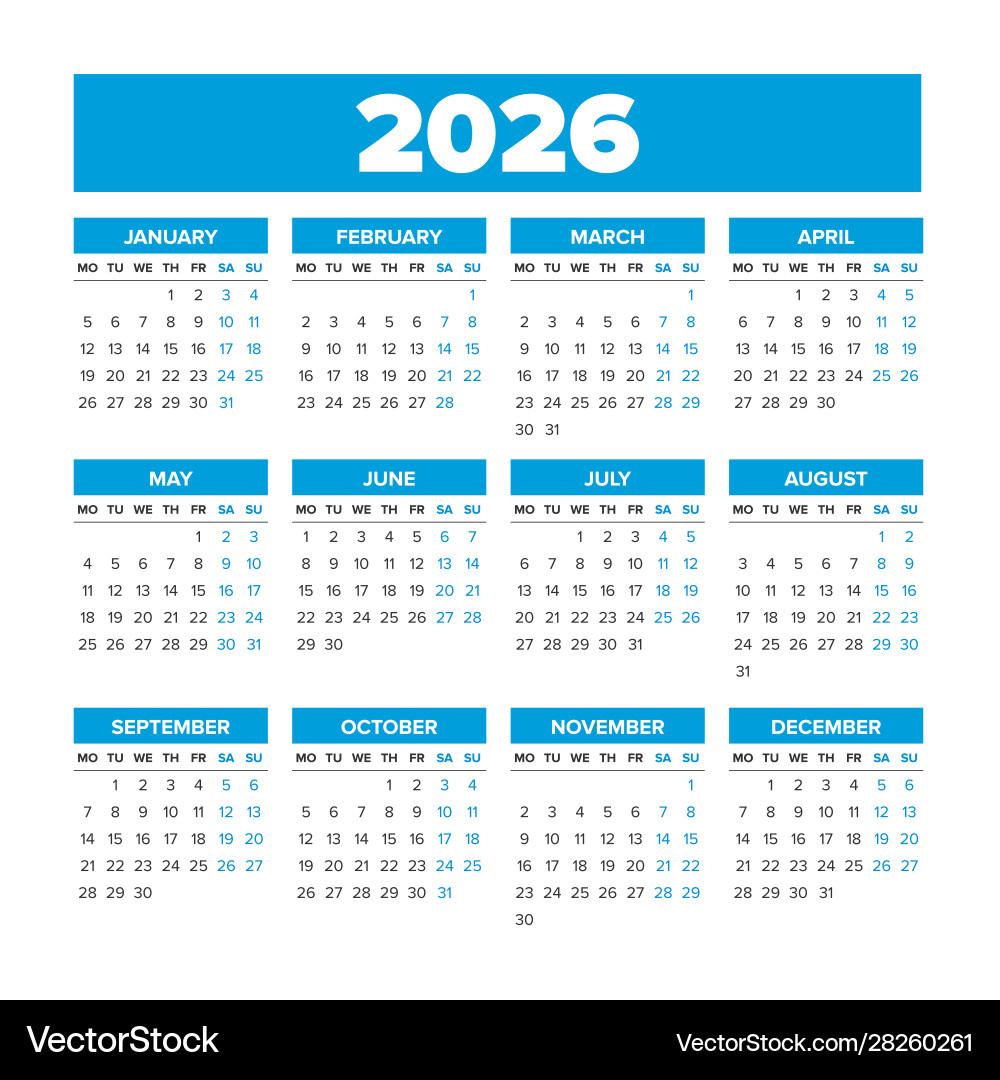 Simple Calendar 2026 Weeks Start On Monday – Royalty-Free Vector within 2026 Calendar Printable Starting Monday