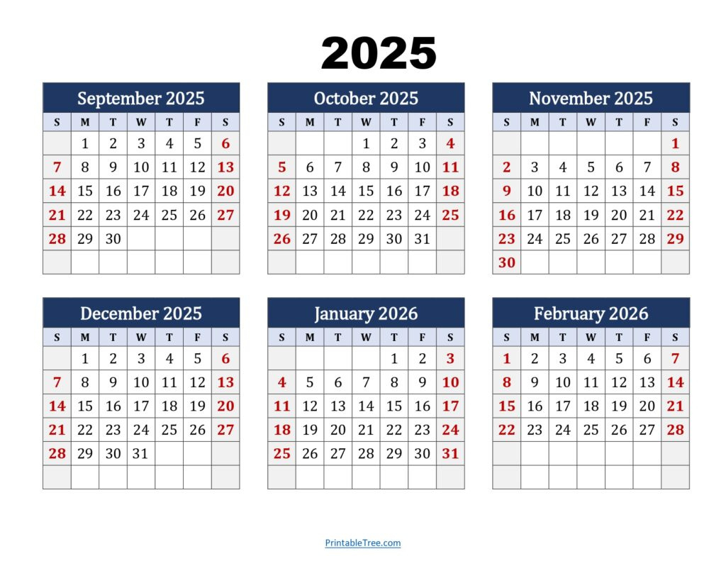 Six Month Calendar 2025-2026 Printable Pdf- 6 Months Calendar with September 2025 June 2026 Calendar Printable