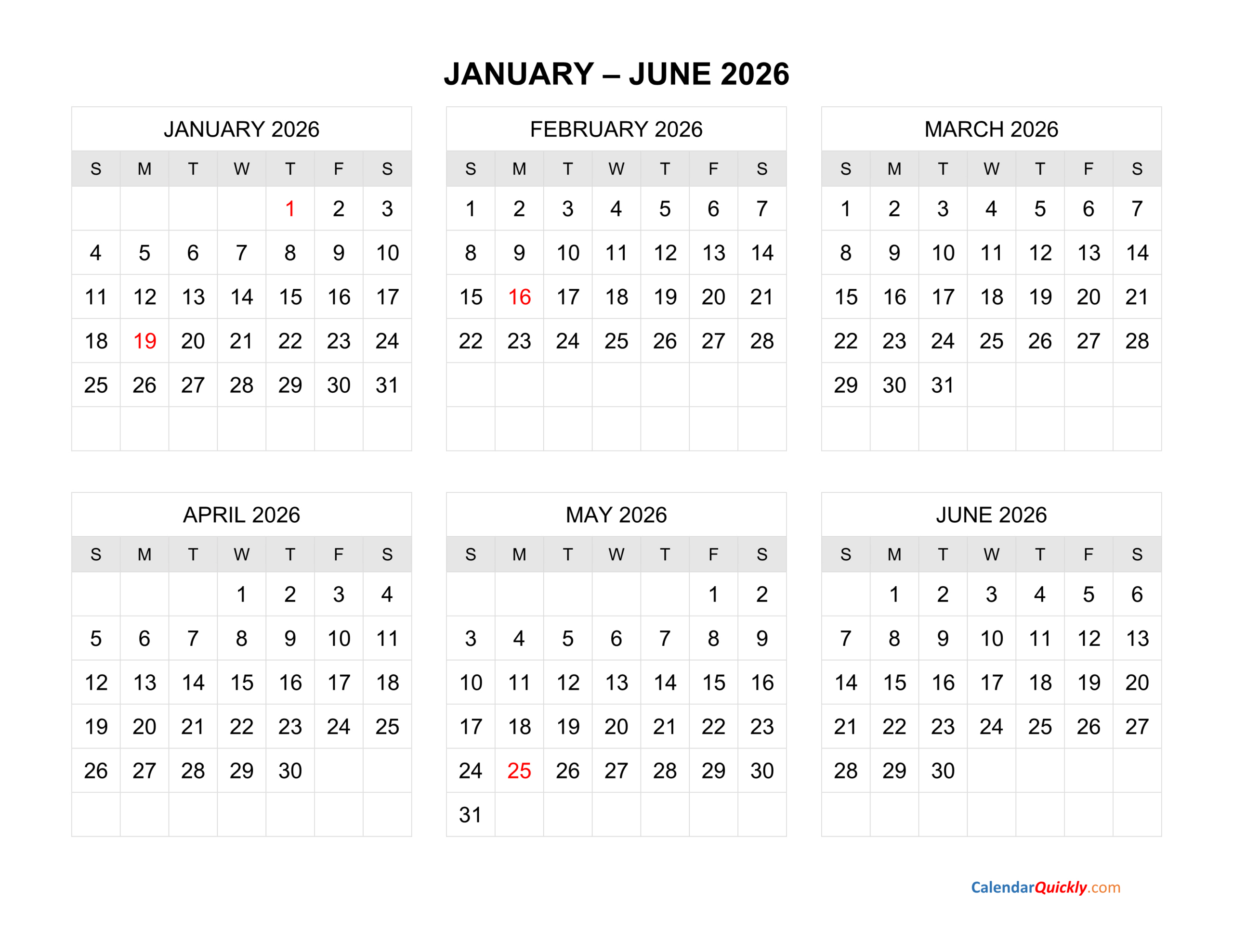 Six Months 2026 Calendar | Calendar Quickly for 6 Month Calendar 2026 Printable Free
