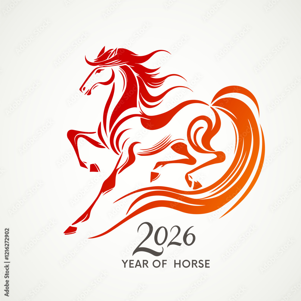 Stock-Vektorgrafik „Running Red Fire Horse Symbol Of New Year 2026 pertaining to Chinese Calendar 2026 Horse