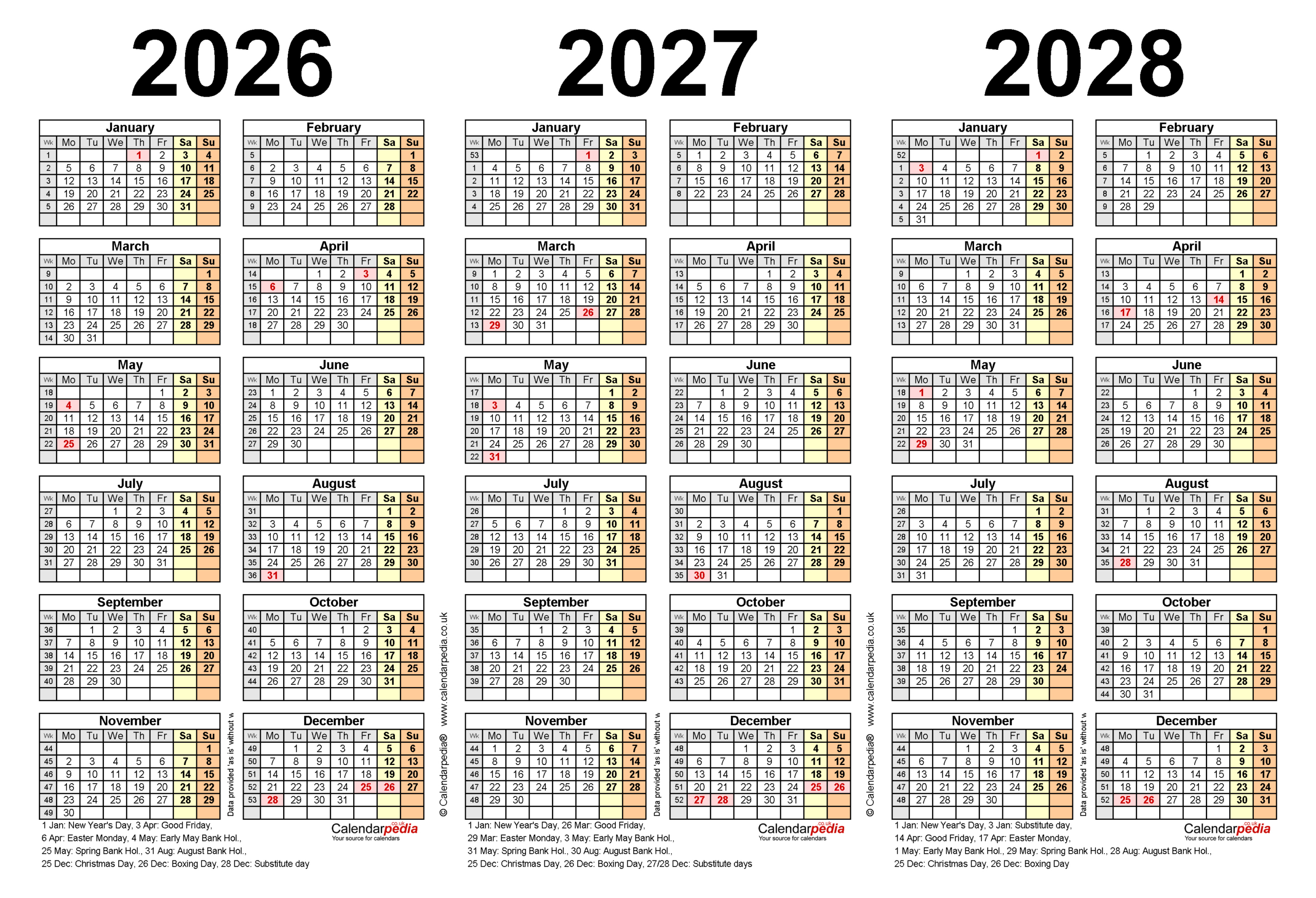 Three Year Calendars For 2026, 2027 And 2028 (Uk) For Pdf regarding Printable 3 Year Calendar 2026 2027 2028