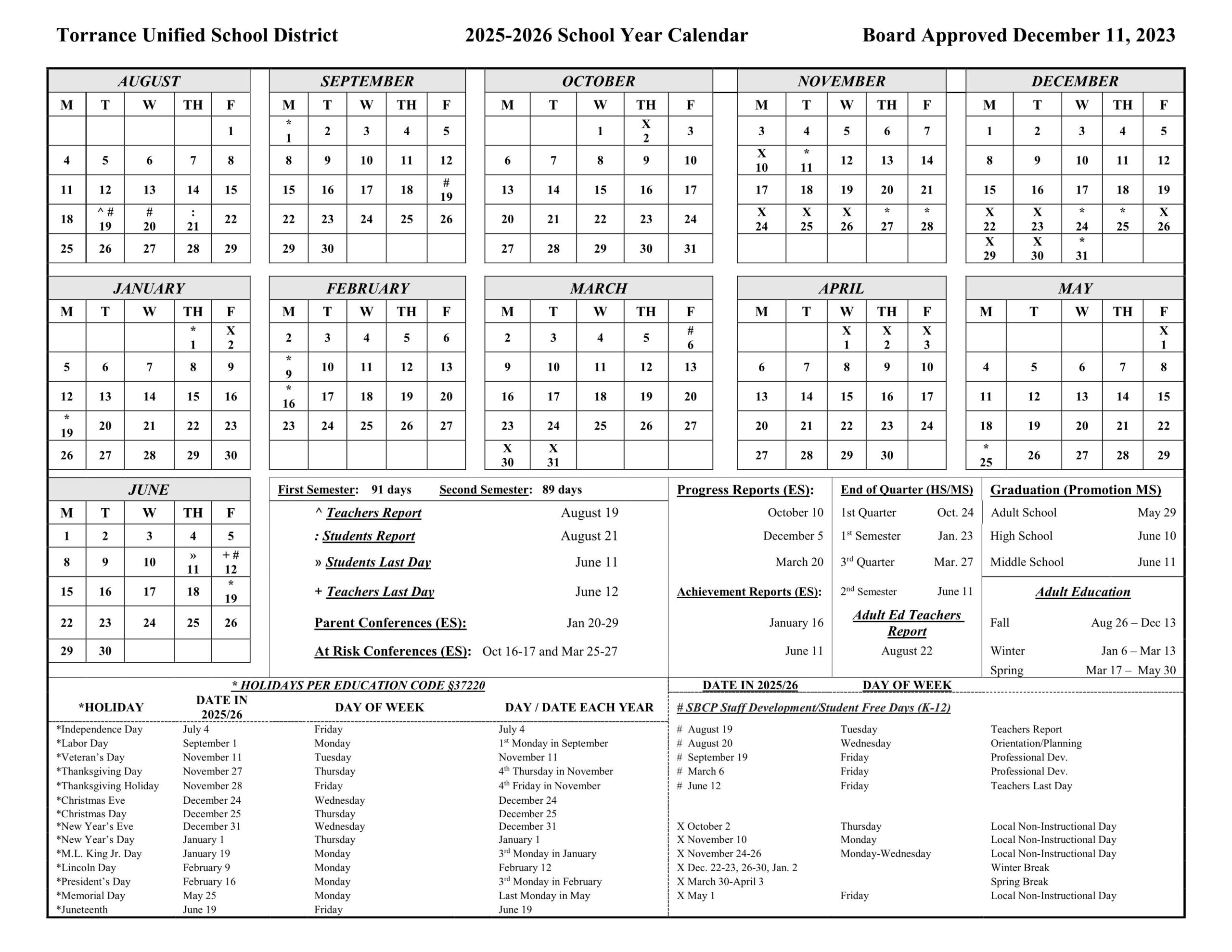 Torrance Unified School Calendar 25-26 [Pdf] - Educounty regarding Tusd 2025 To 2026 Calendar Printable