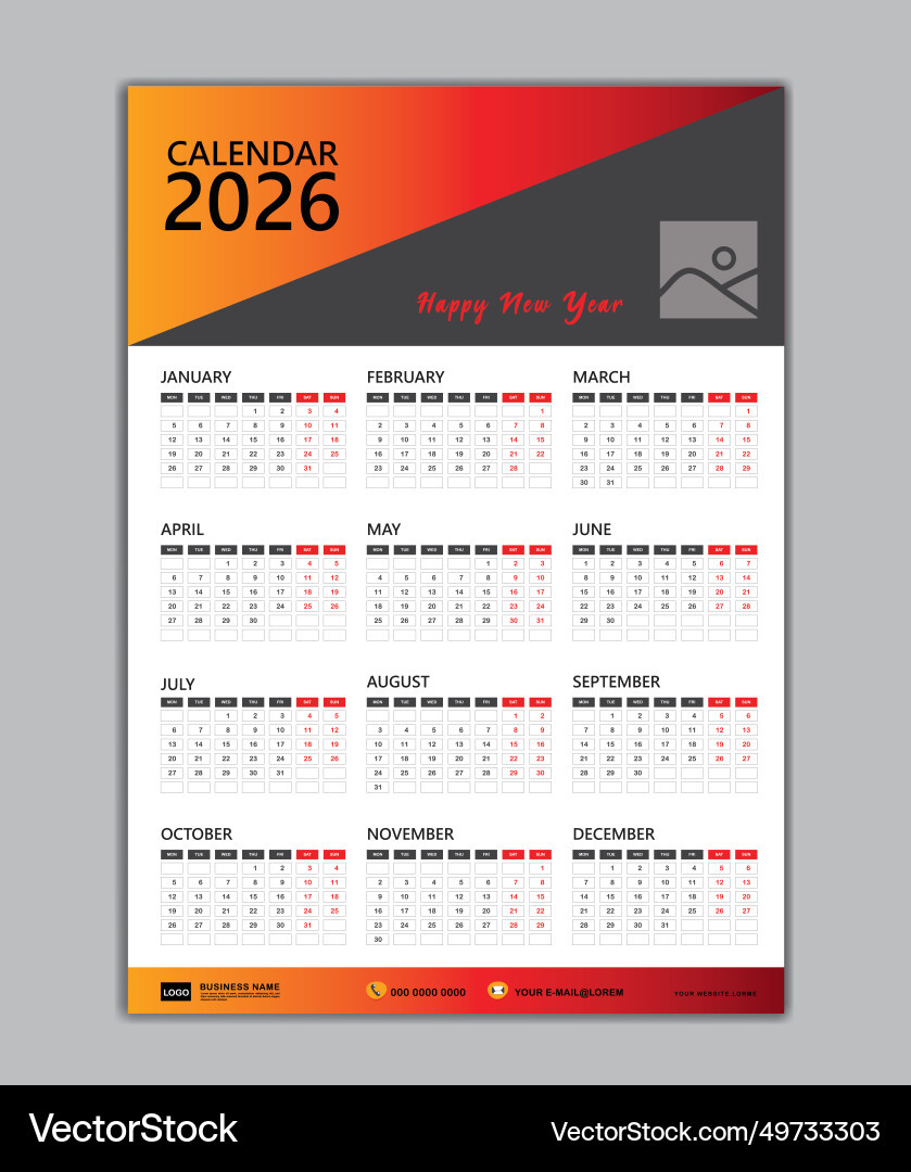 Wall Calendar 2026 Template Week Starts On Monday – Lizenzfreie intended for Calendar 2026 and 2026