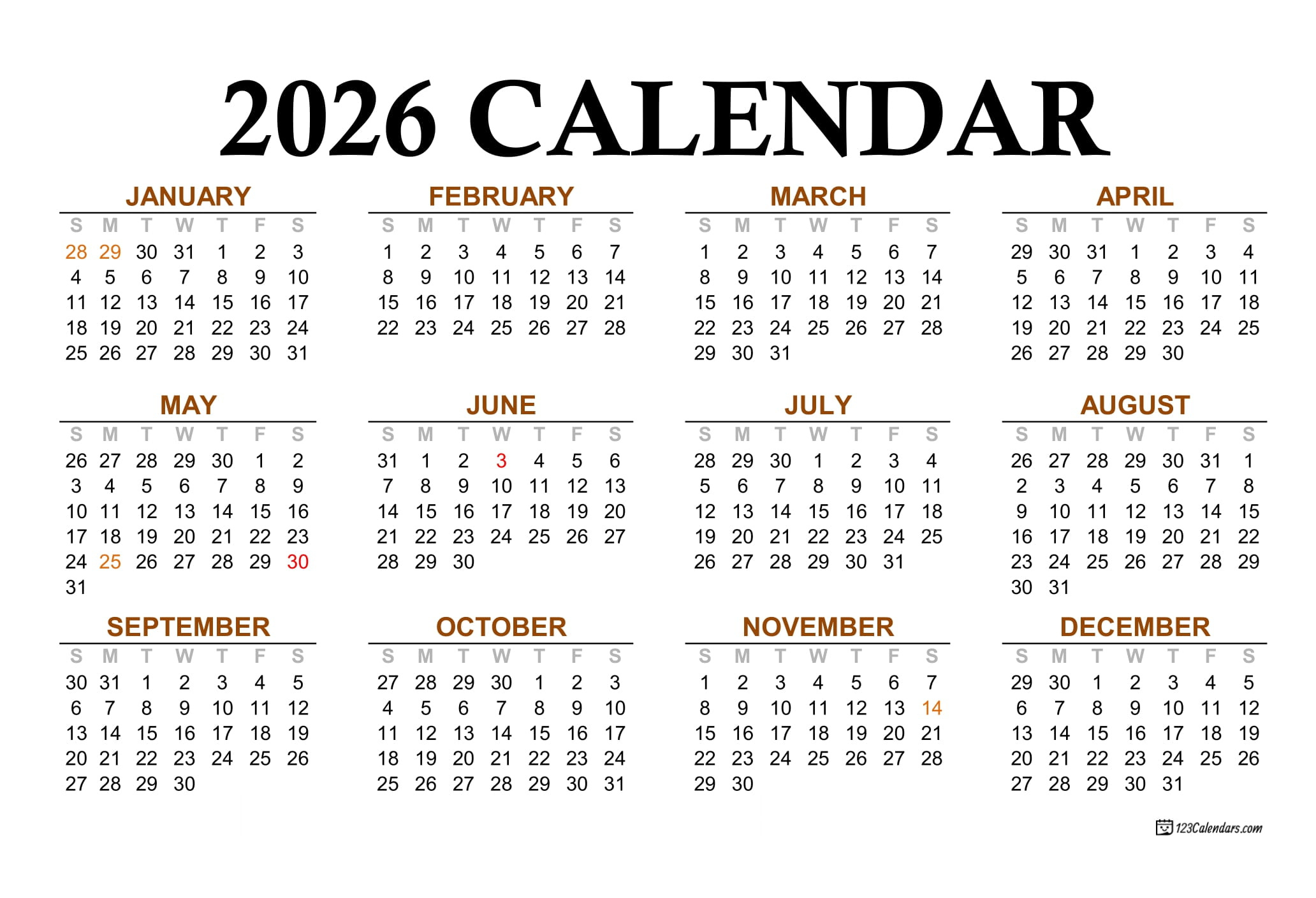 Year 2026 Calendar Templates | 123Calendars with regard to 2026 Calendar Printable Philippines