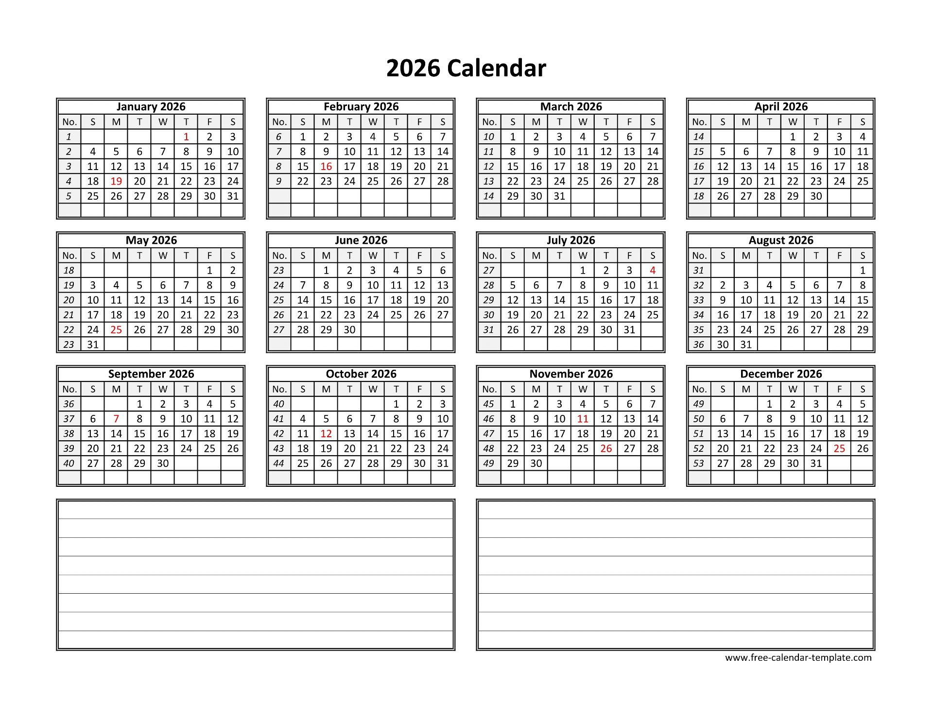 Yearly 2026 Calendar Printable With Space For Notes | Free in 2026 Calendar Printable With Notes