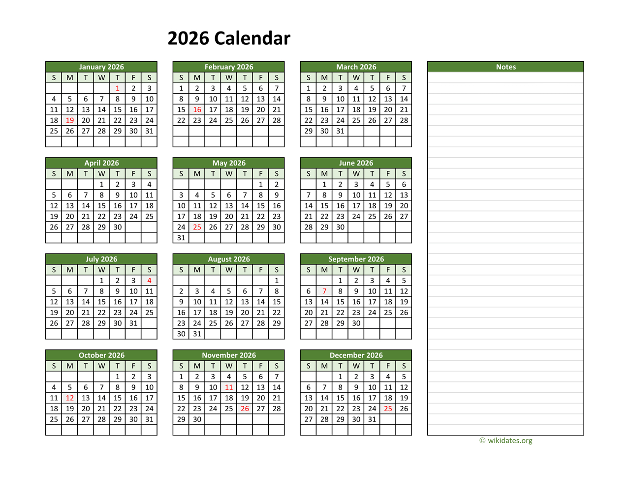 Yearly Printable 2026 Calendar With Notes | Wikidates with 2026 Calendar Printable With Notes