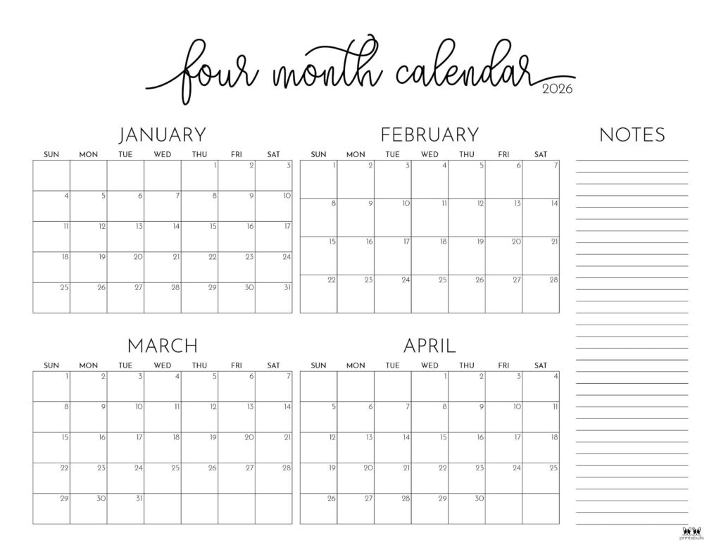 2026 Four Month Calendars - 31 Free Printables | Printabulls for Feb March April 2026 Calendar Printable