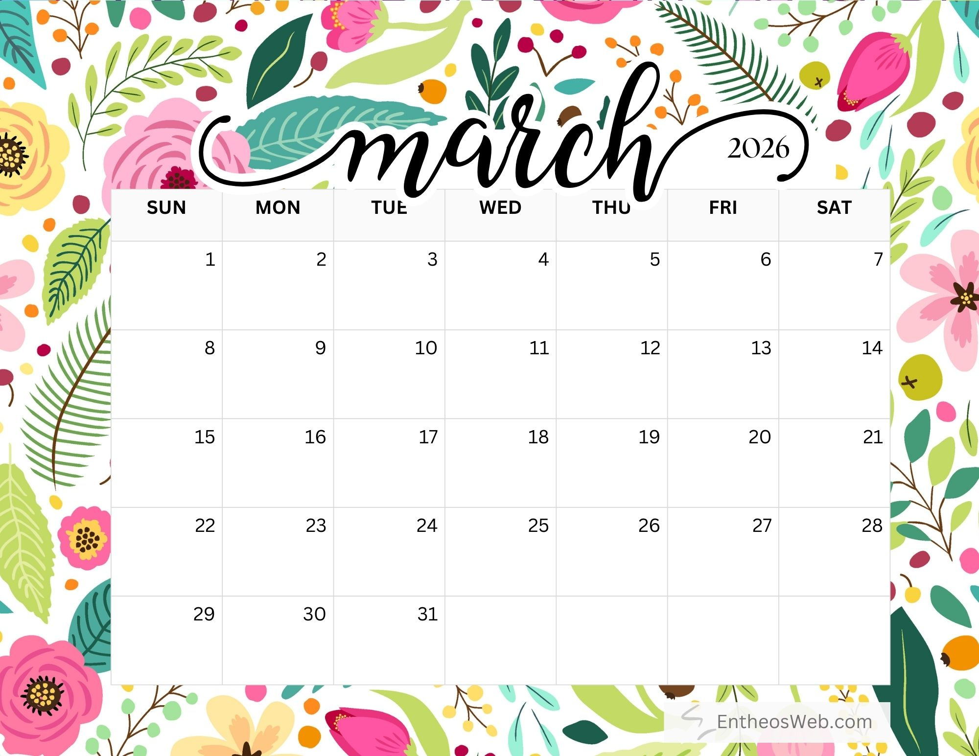 2026 Free Printable Monthly Calendar With Floral Backgrounds inside March Clip Art Calendar 2026