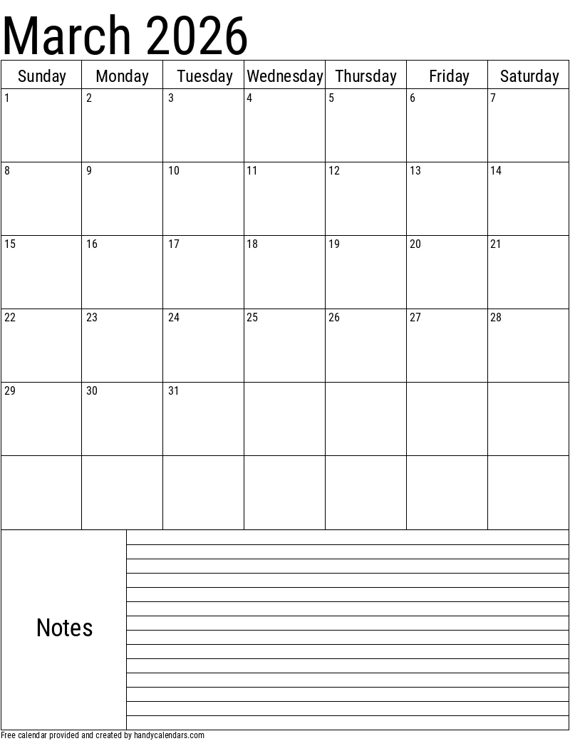 2026 March Calendars - Handy Calendars regarding March 2026 Calendar Printable With Notes