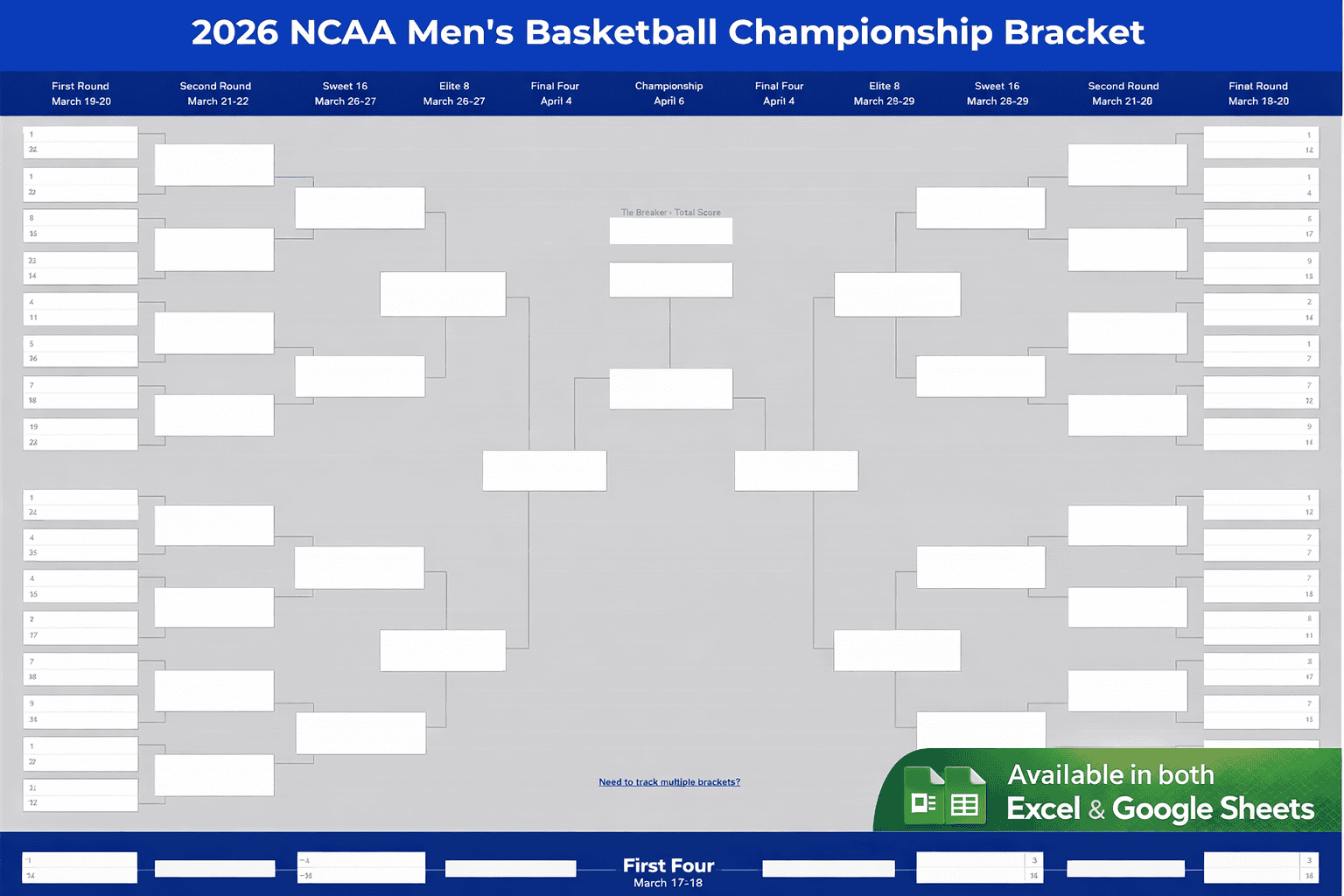 2026 March Madness Bracket (Printable Excel &amp;amp; Google Sheets) throughout March Madness 2026 Calendar Printable