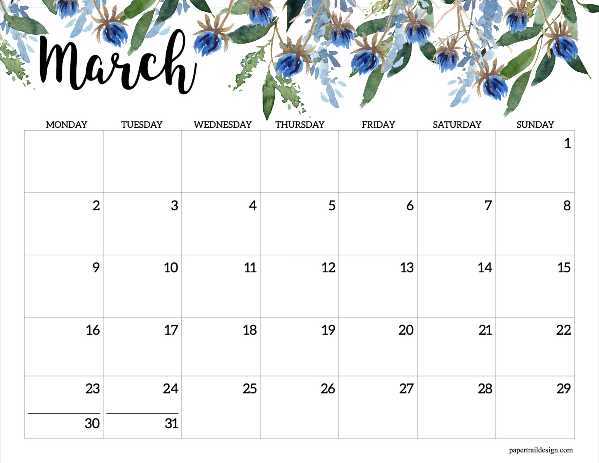 2026 Monday Start Floral Calendar - Paper Trail Design intended for March Calendar 2026 Monday To Sunday