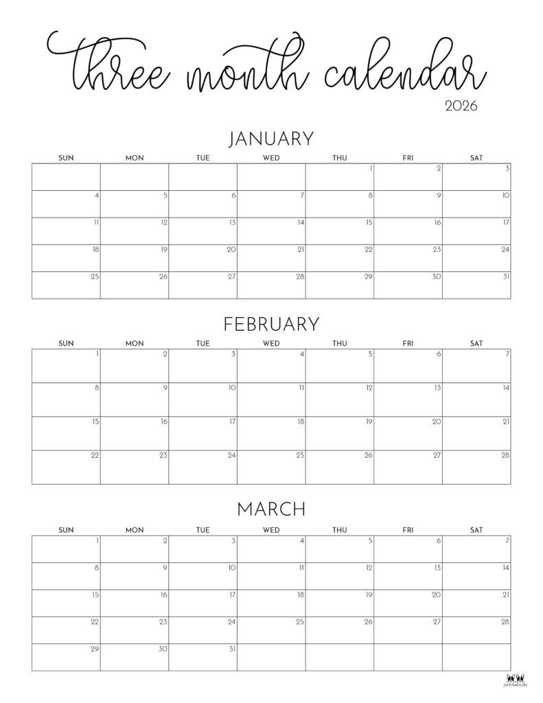 2026 Three Month/Quarterly Calendars - 36 Free Cals | Printabulls regarding January to March 2026 Calendar Printable