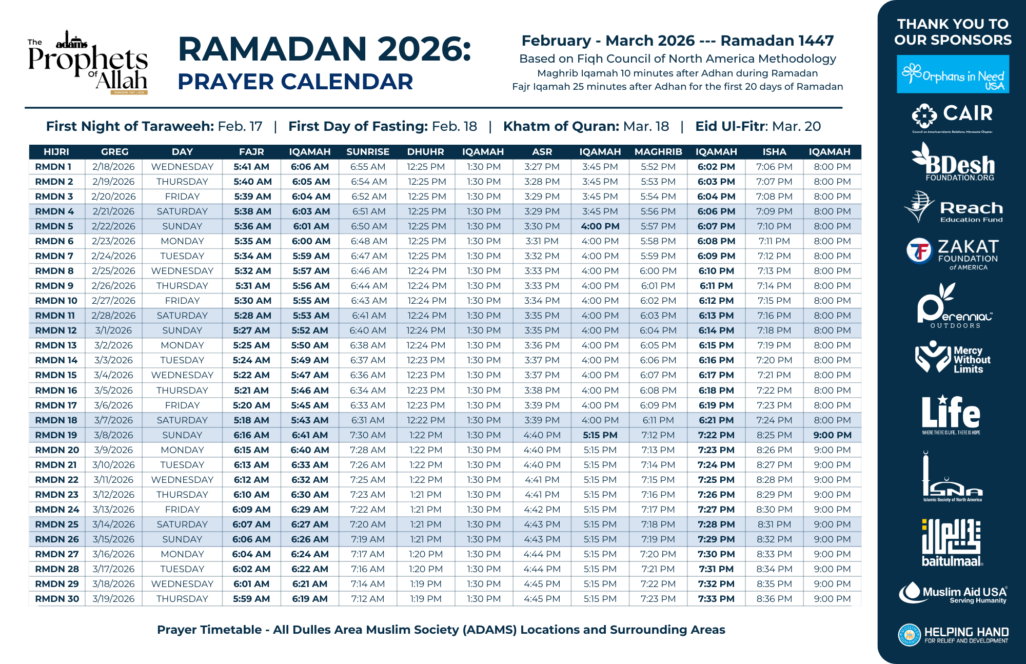 Adams Center intended for Ramadan Calendar 2026 Washington Dc