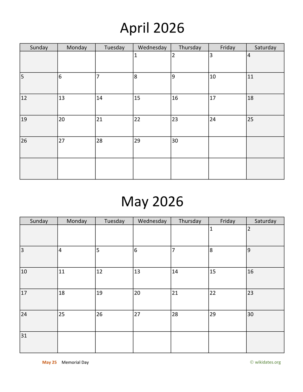 April And May 2026 Calendar | Wikidates regarding March April May 2026 Calendar Printable