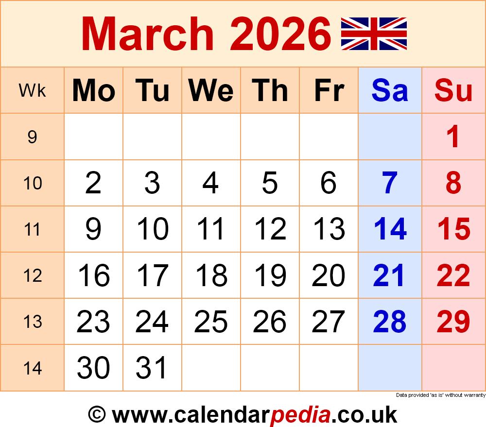 Calendar March 2026 Uk With Pdf, Excel And Word Templates with regard to March Calendar 2026 UK